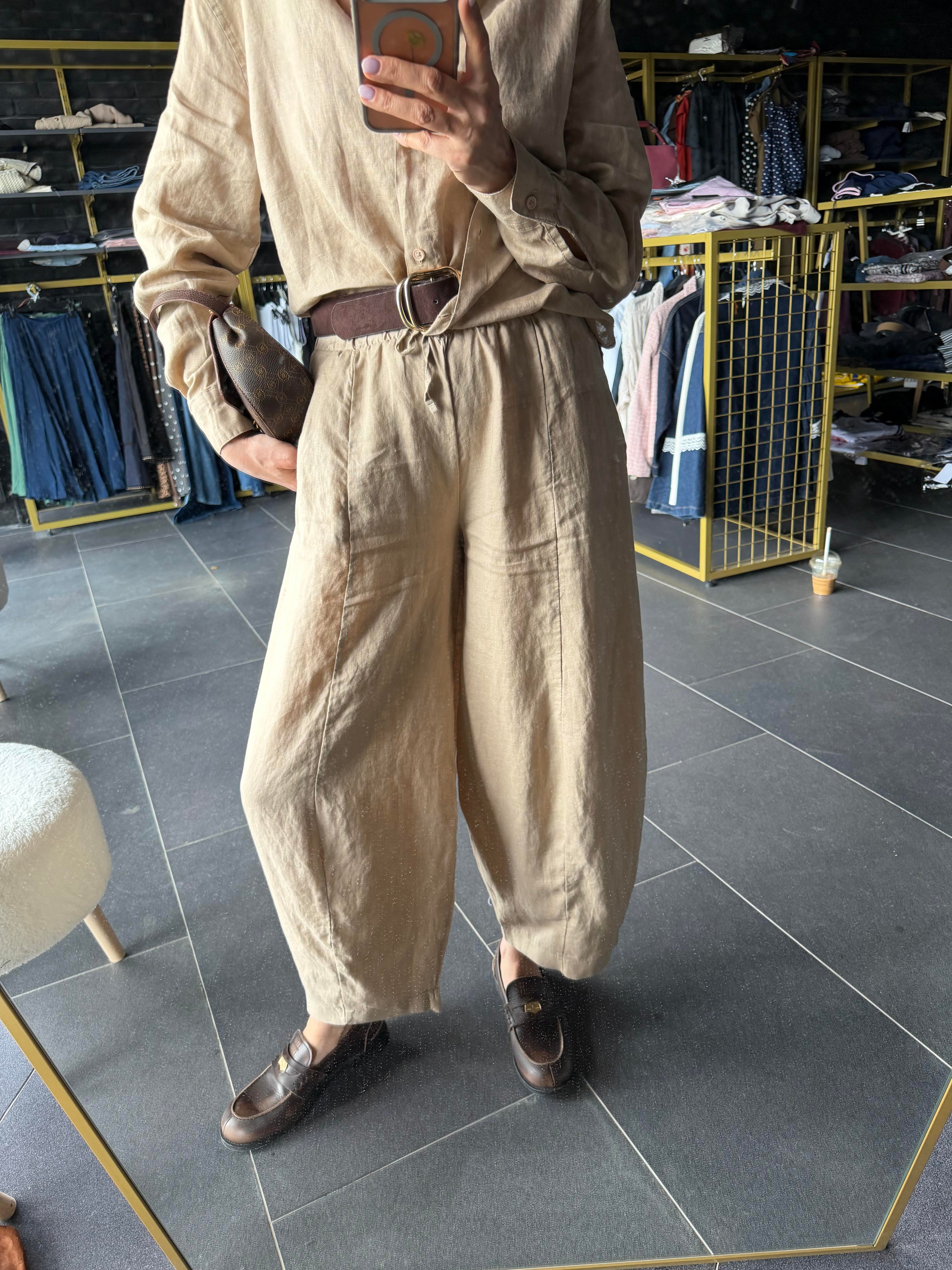 Premium Keten Kahve Krem Frankly Model Pantolon