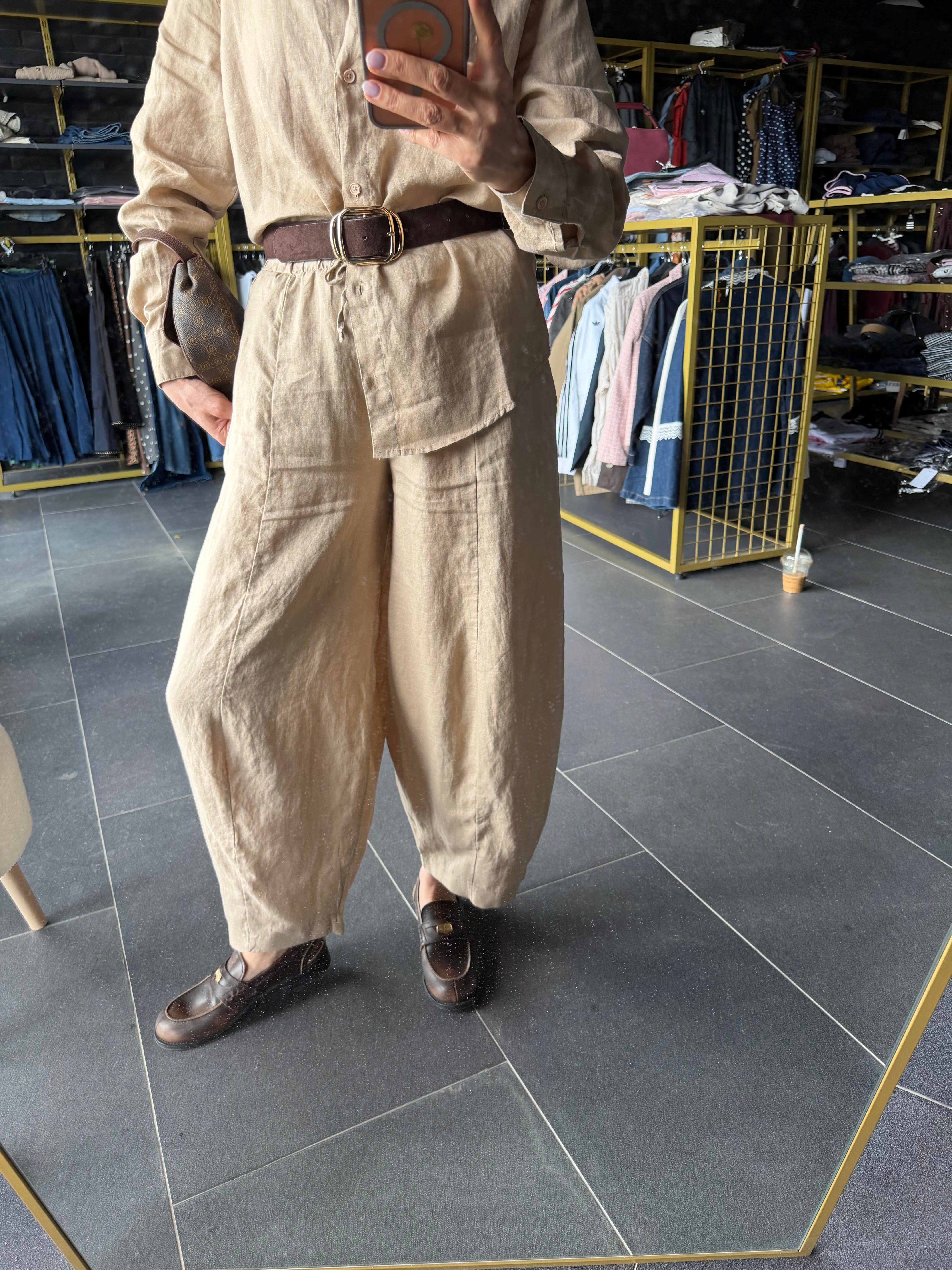Premium Keten Kahve Krem Frankly Model Pantolon