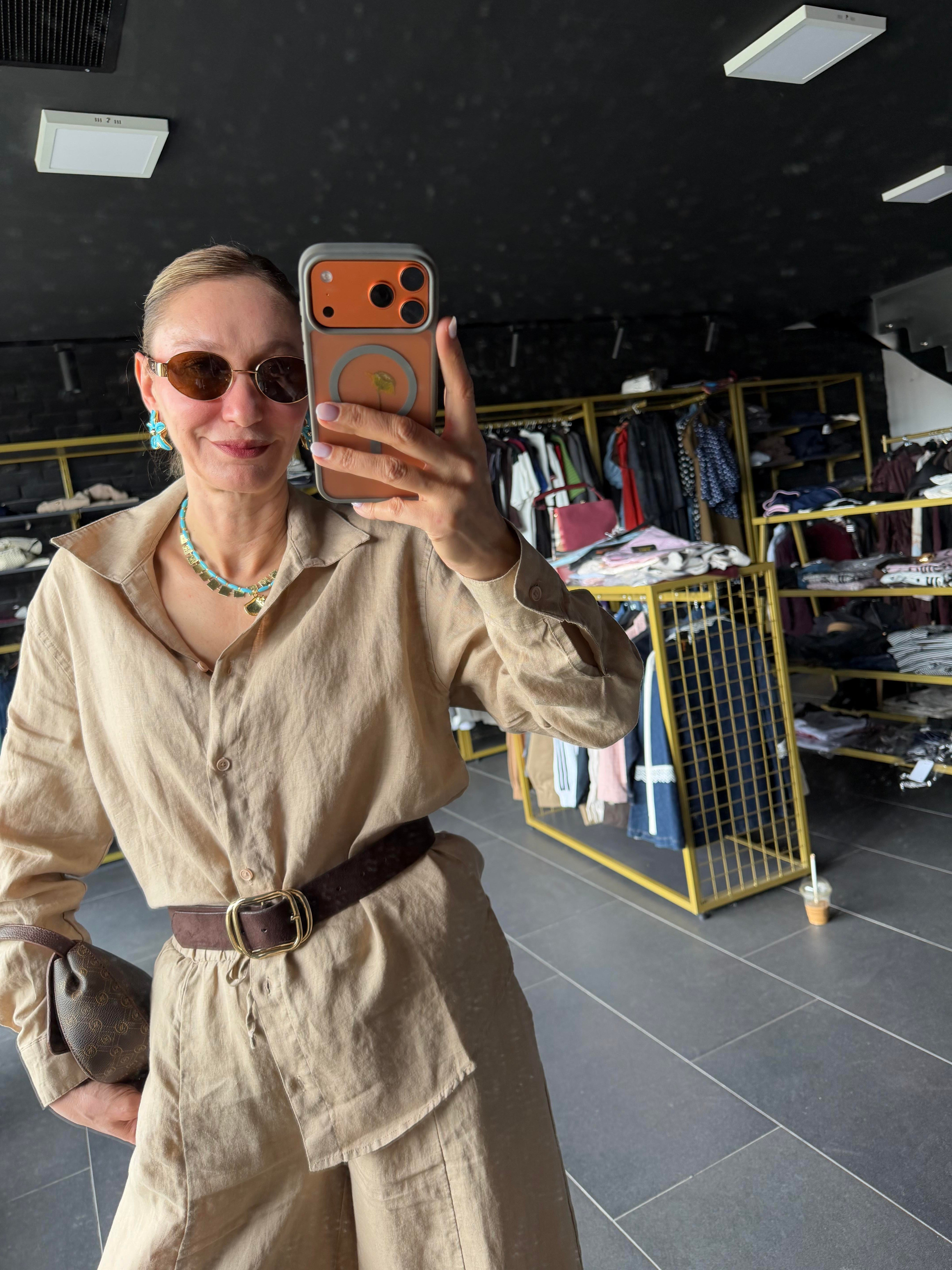 Premium Keten Kahve Krem Frankly Model Gömlek