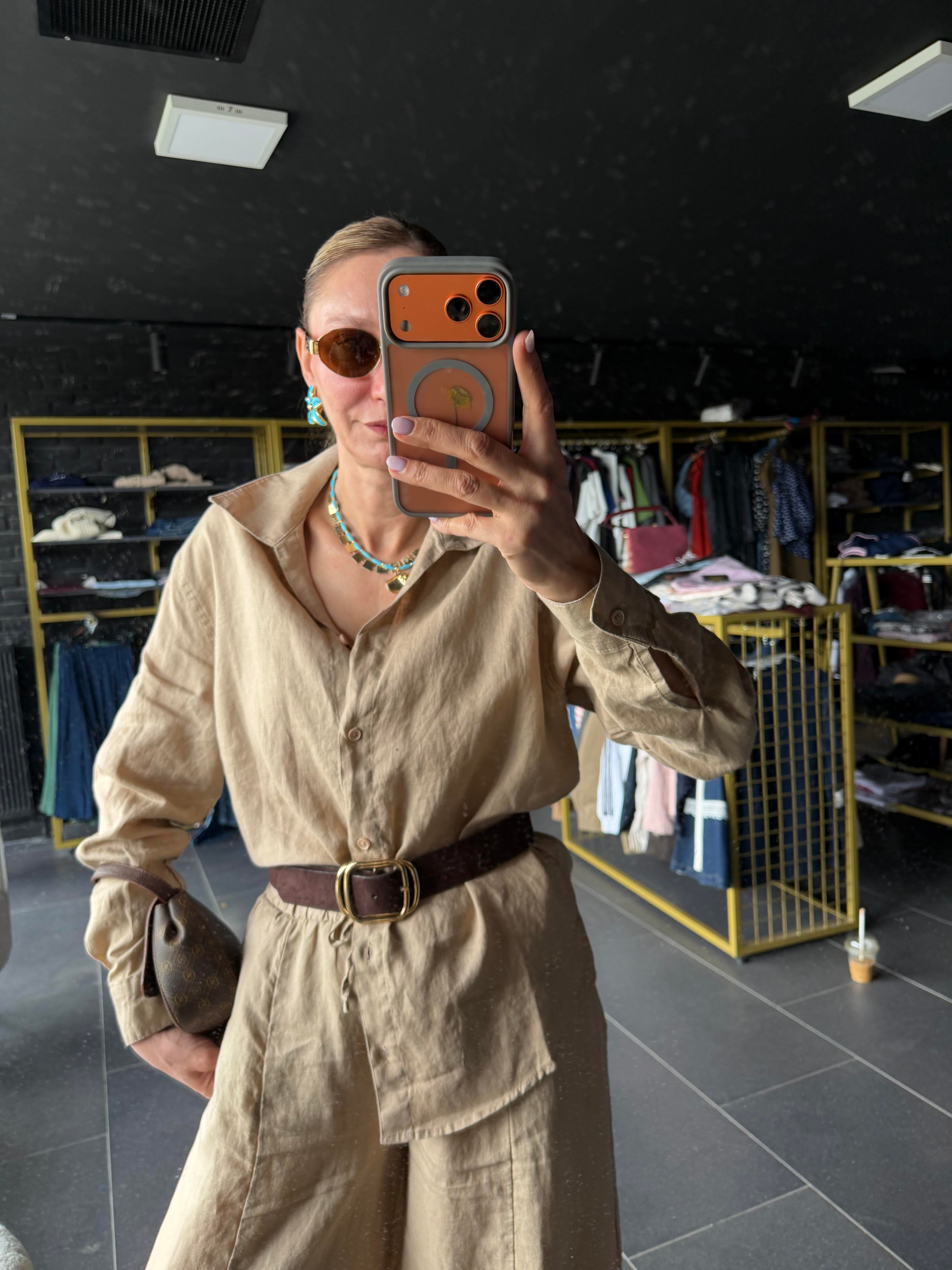 Premium Keten Kahve Krem Frankly Model Gömlek
