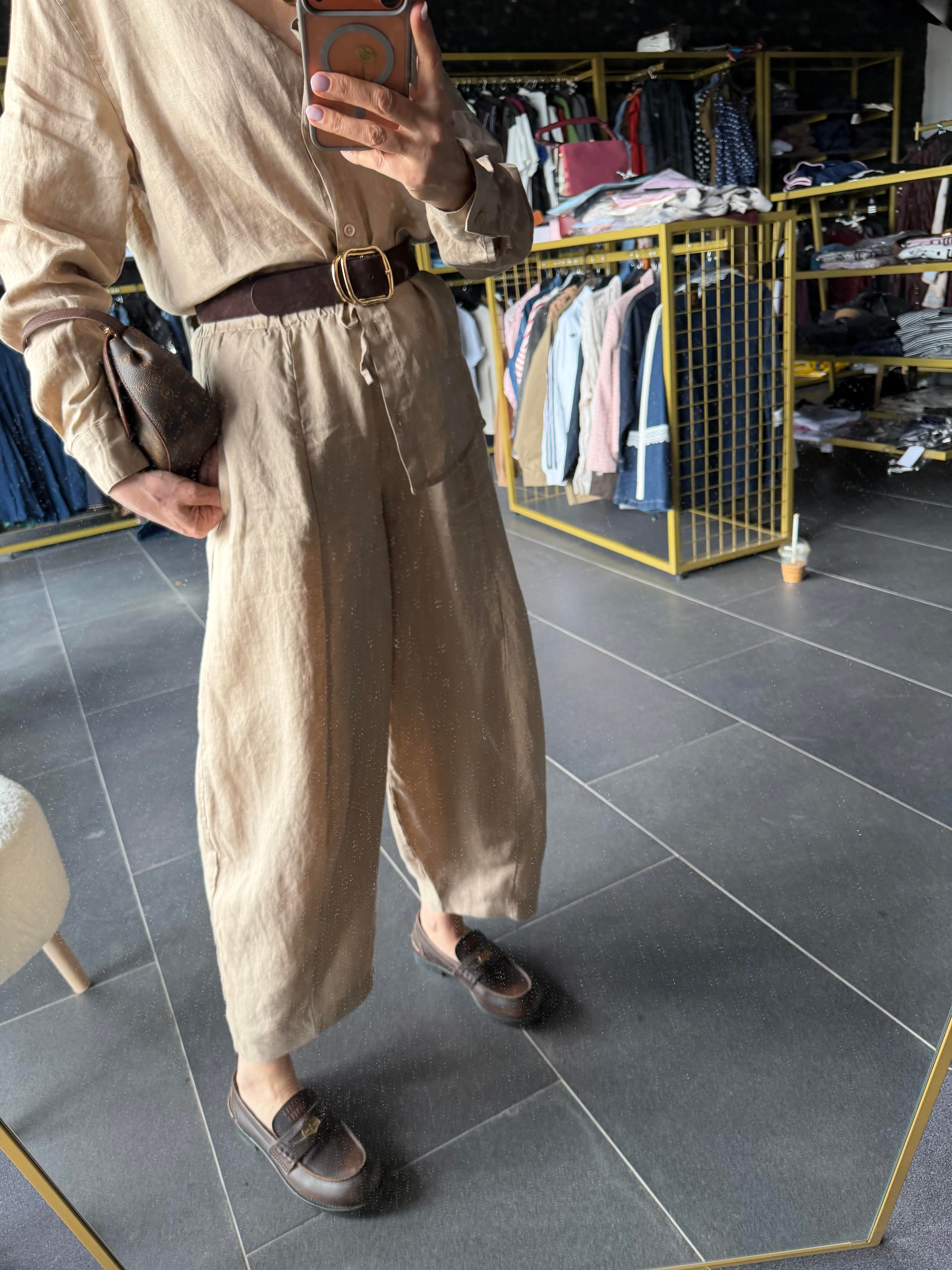 Premium Keten Kahve Krem Frankly Model Pantolon