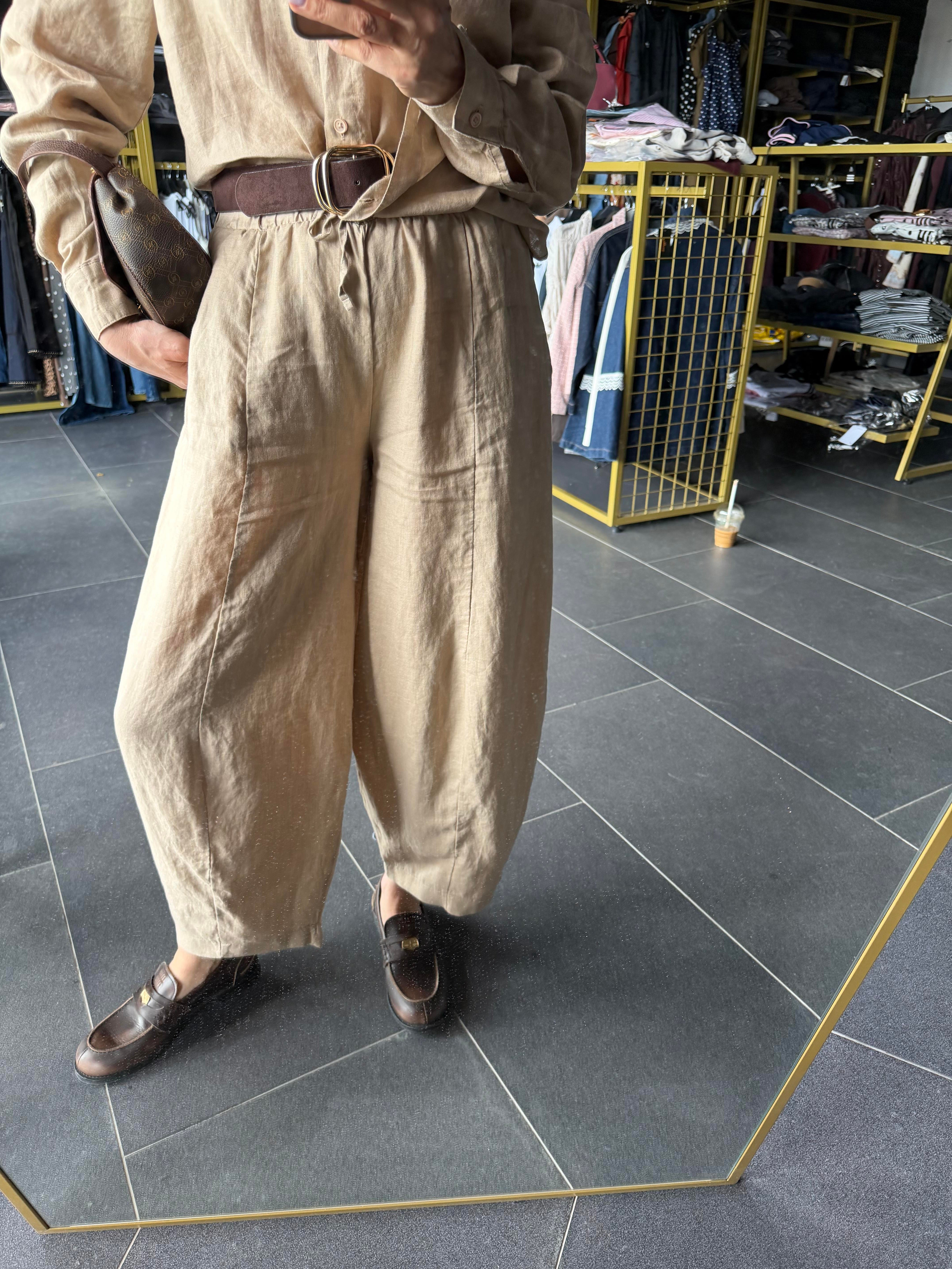 Premium Keten Kahve Krem Frankly Model Pantolon