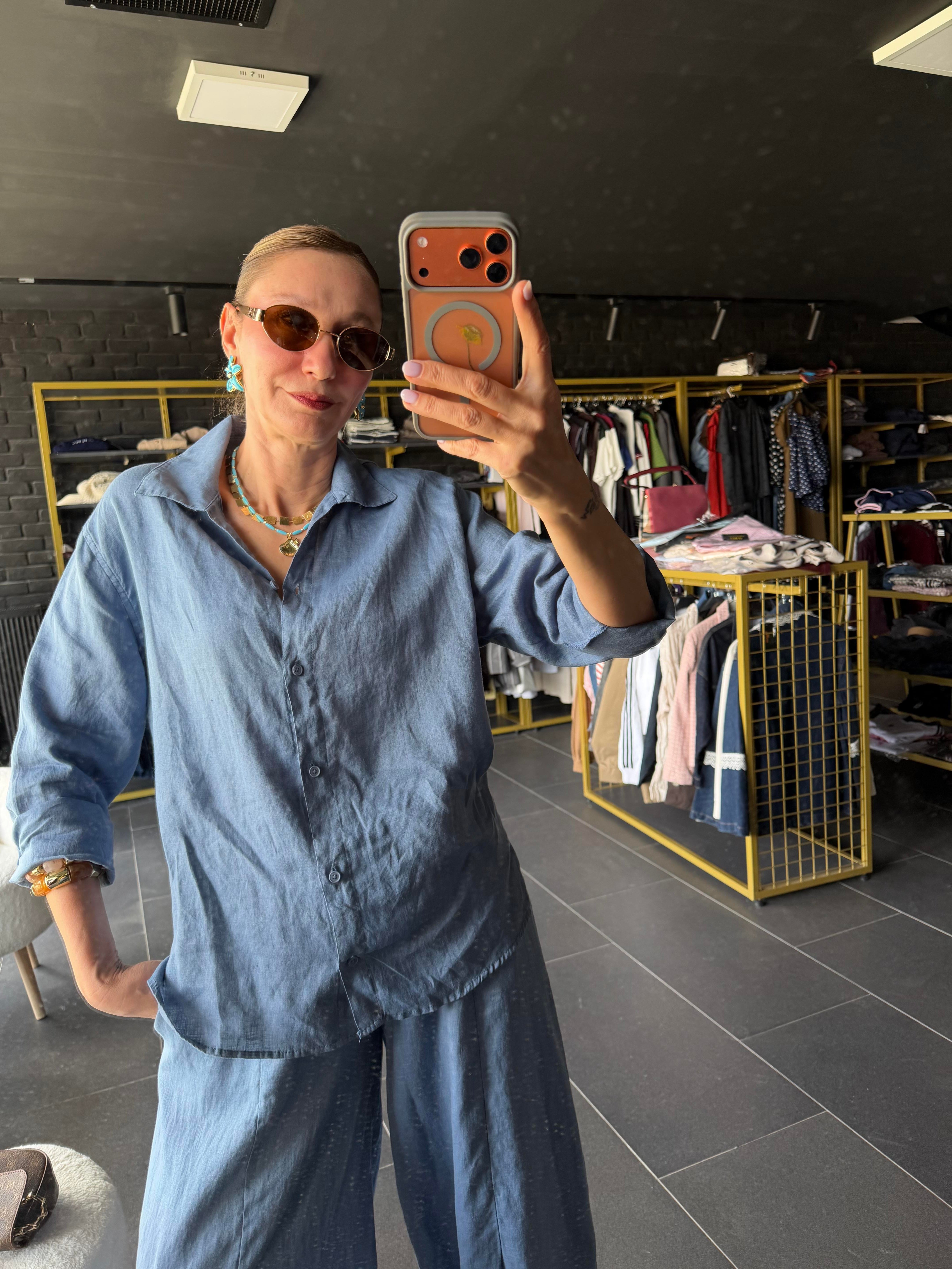 Premium Keten Mavi Frankly Model Gömlek