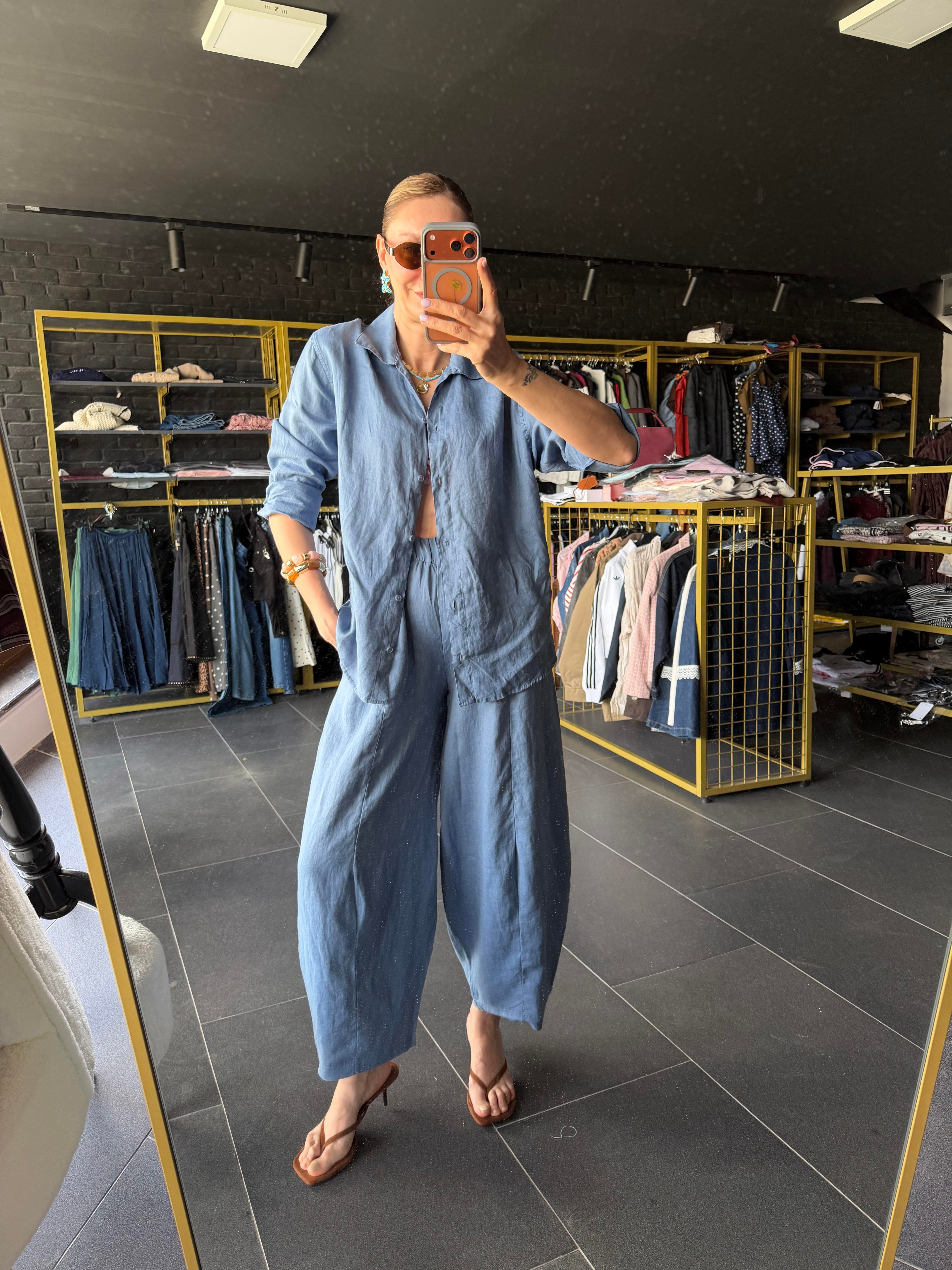 Premium Keten Mavi Frankly Model Gömlek