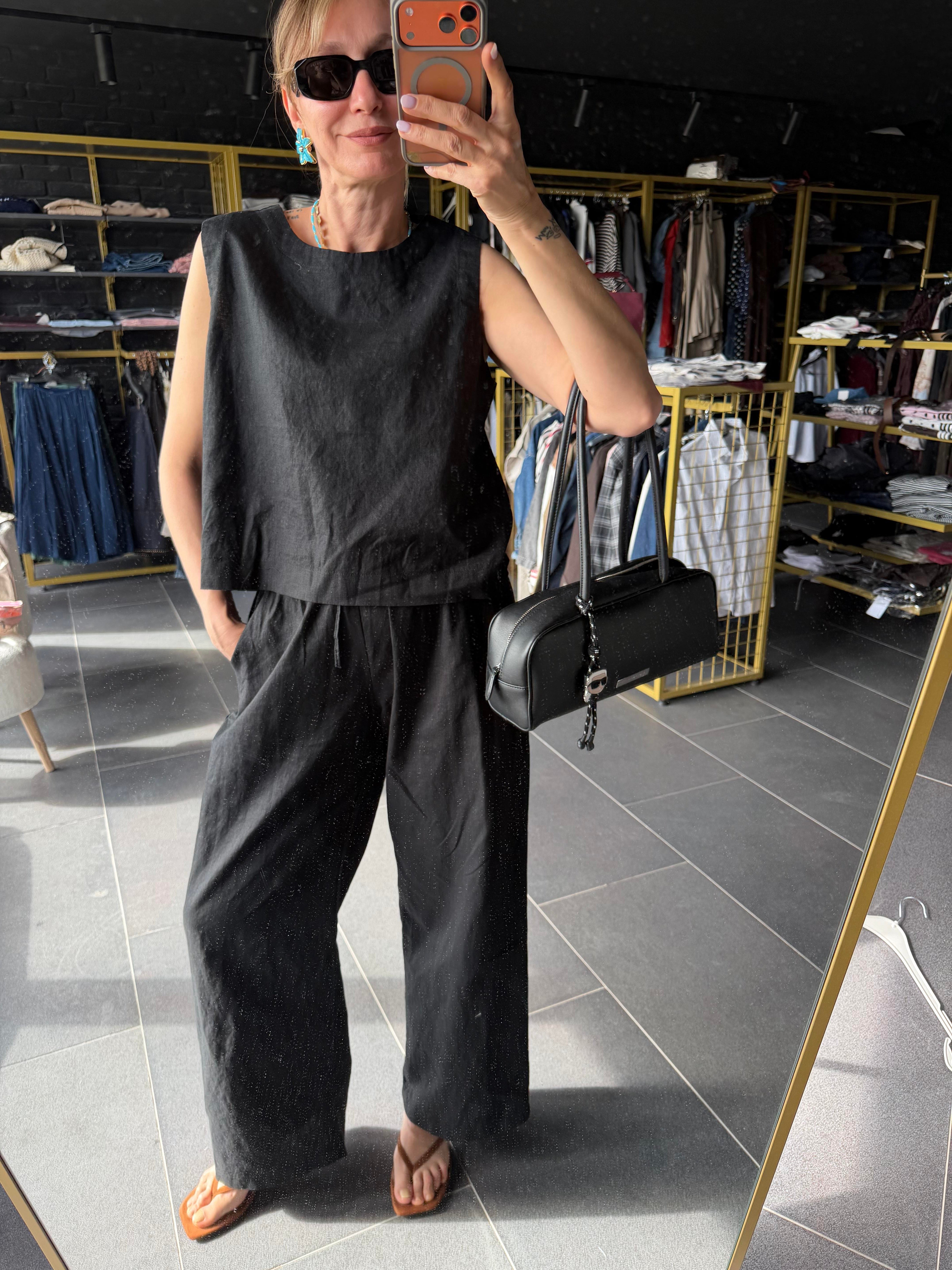 Premium Keten Siyah Bluz Pantolon Takım