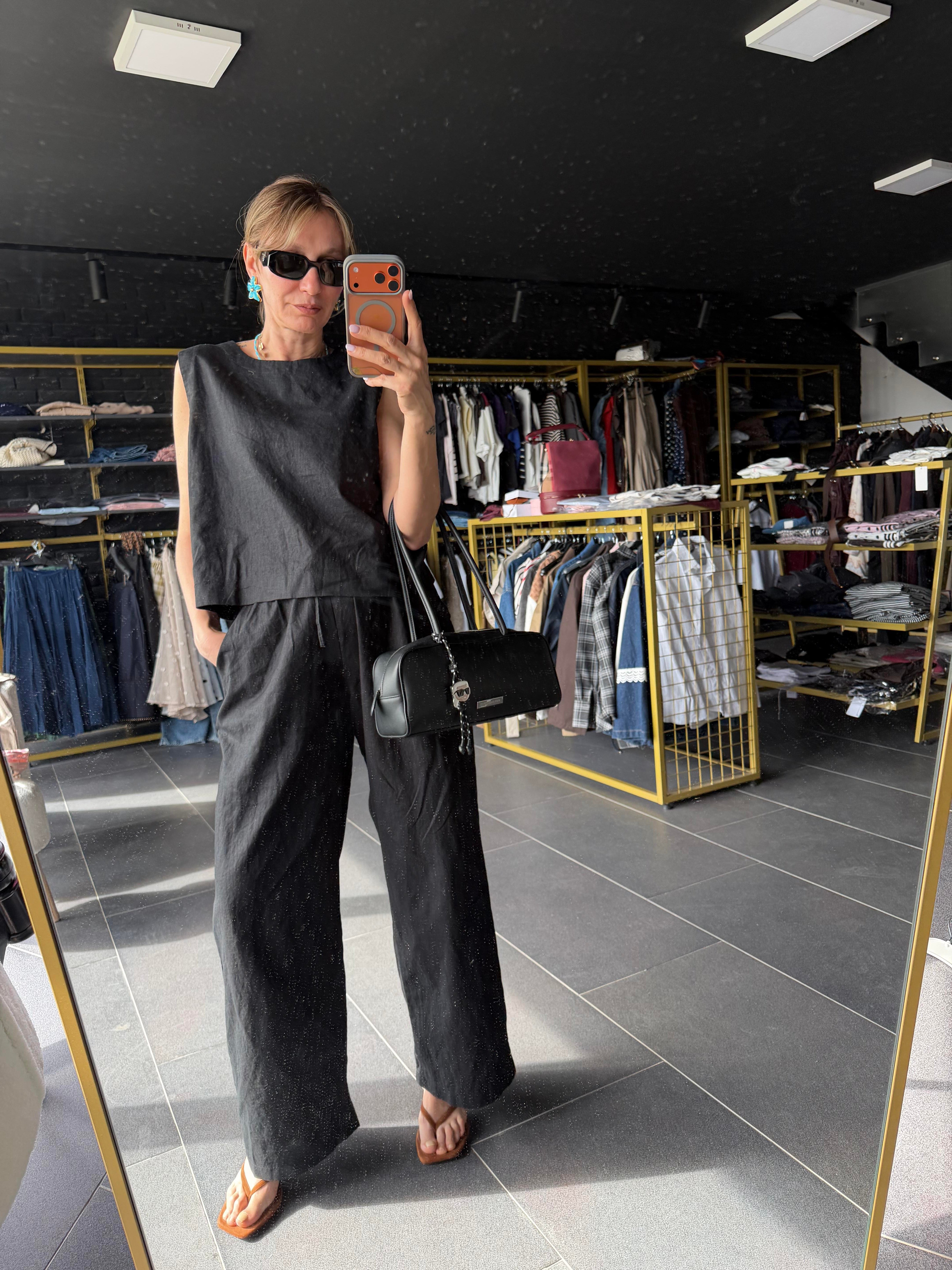 Premium Keten Siyah Bluz Pantolon Takım