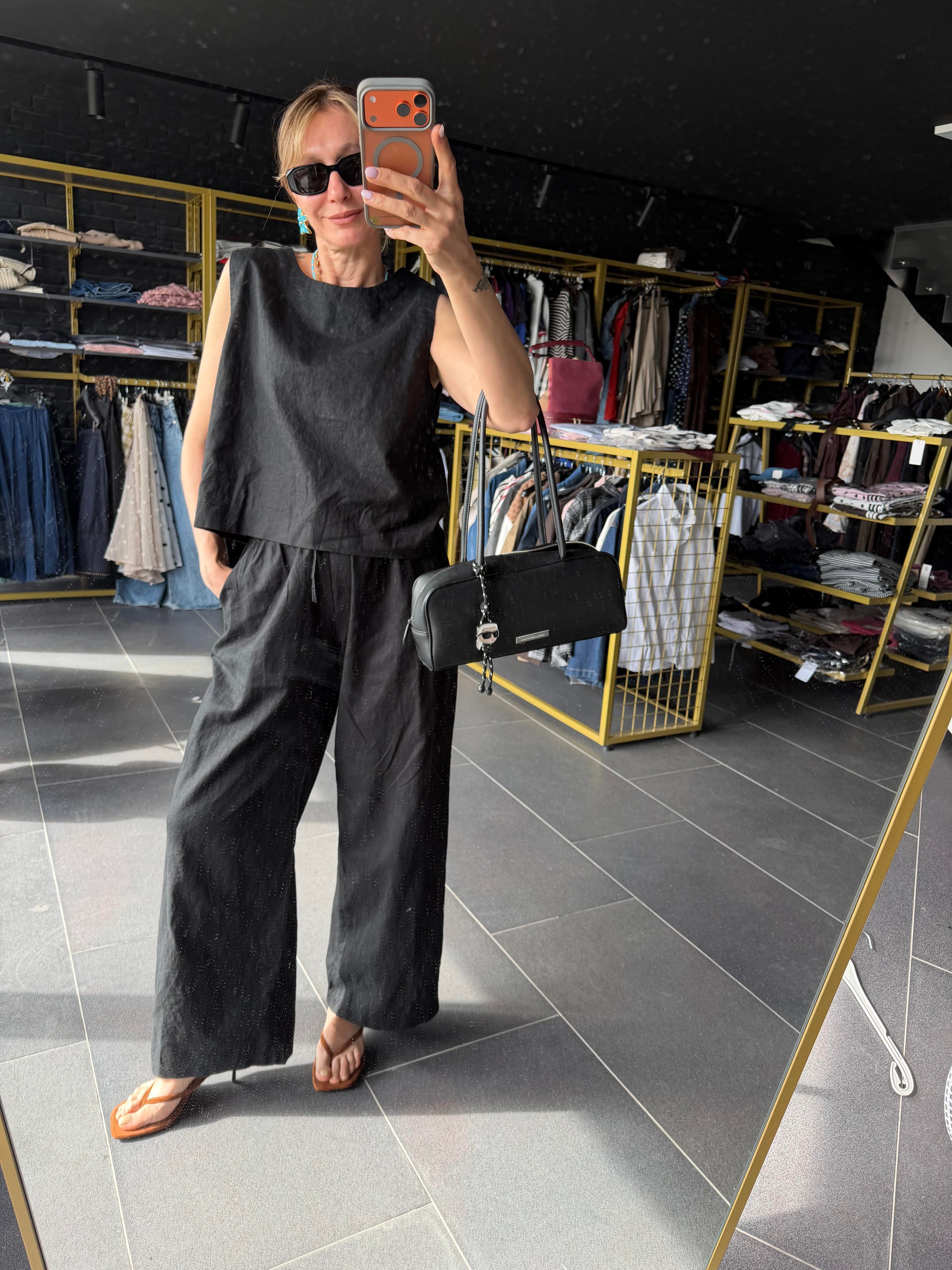 Premium Keten Siyah Bluz Pantolon Takım