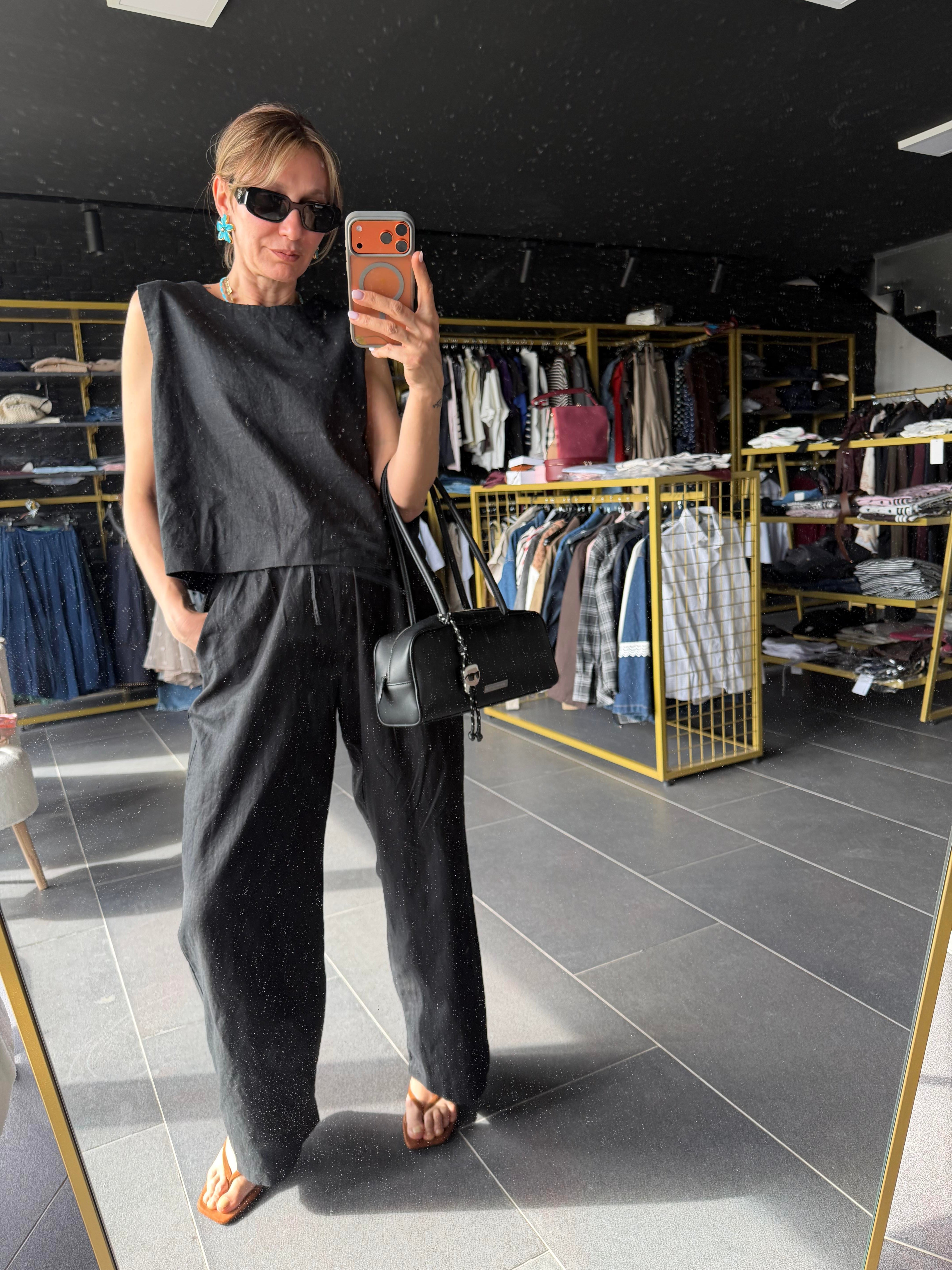 Premium Keten Siyah Bluz Pantolon Takım