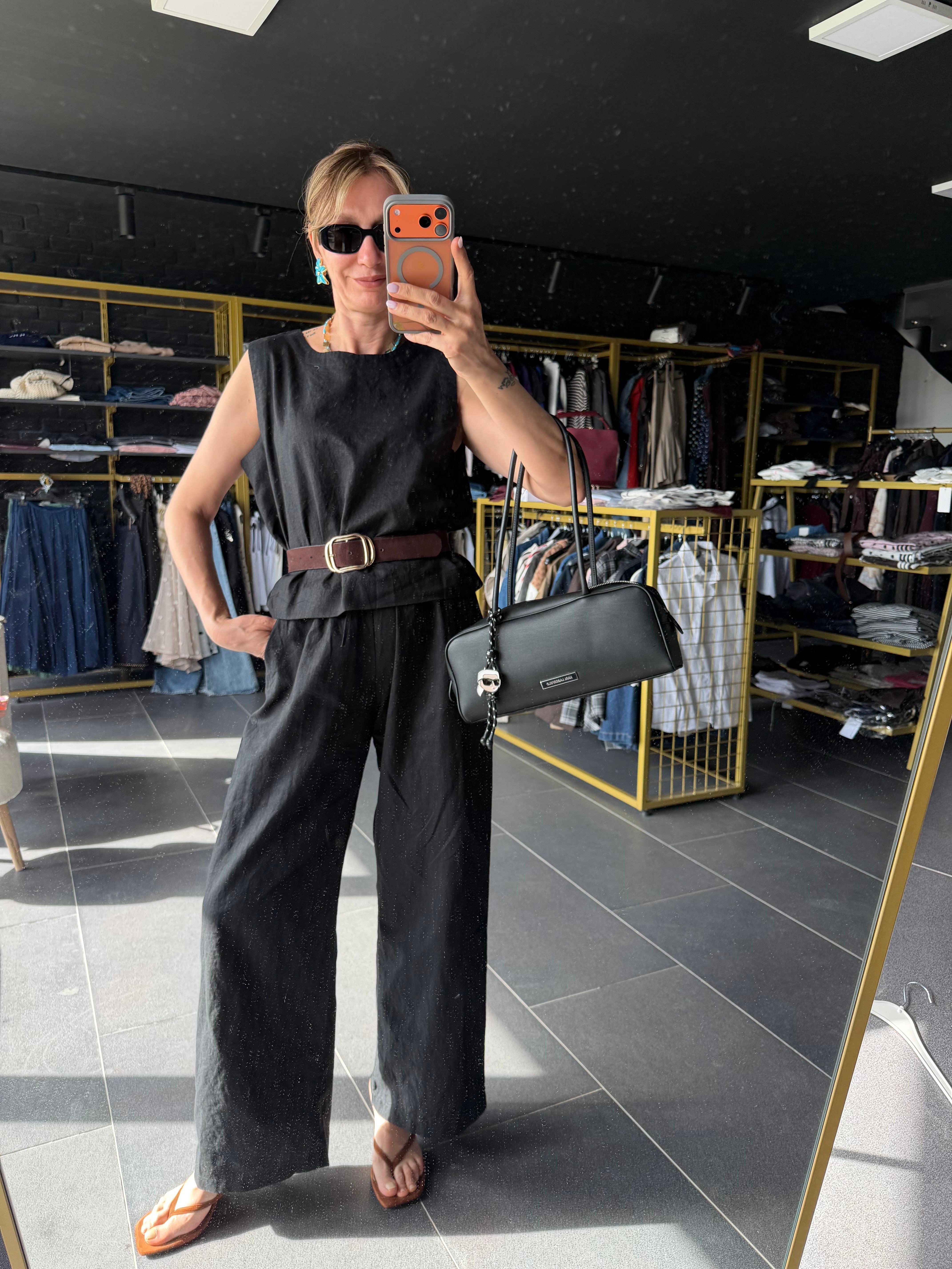 Premium Keten Siyah Bluz Pantolon Takım