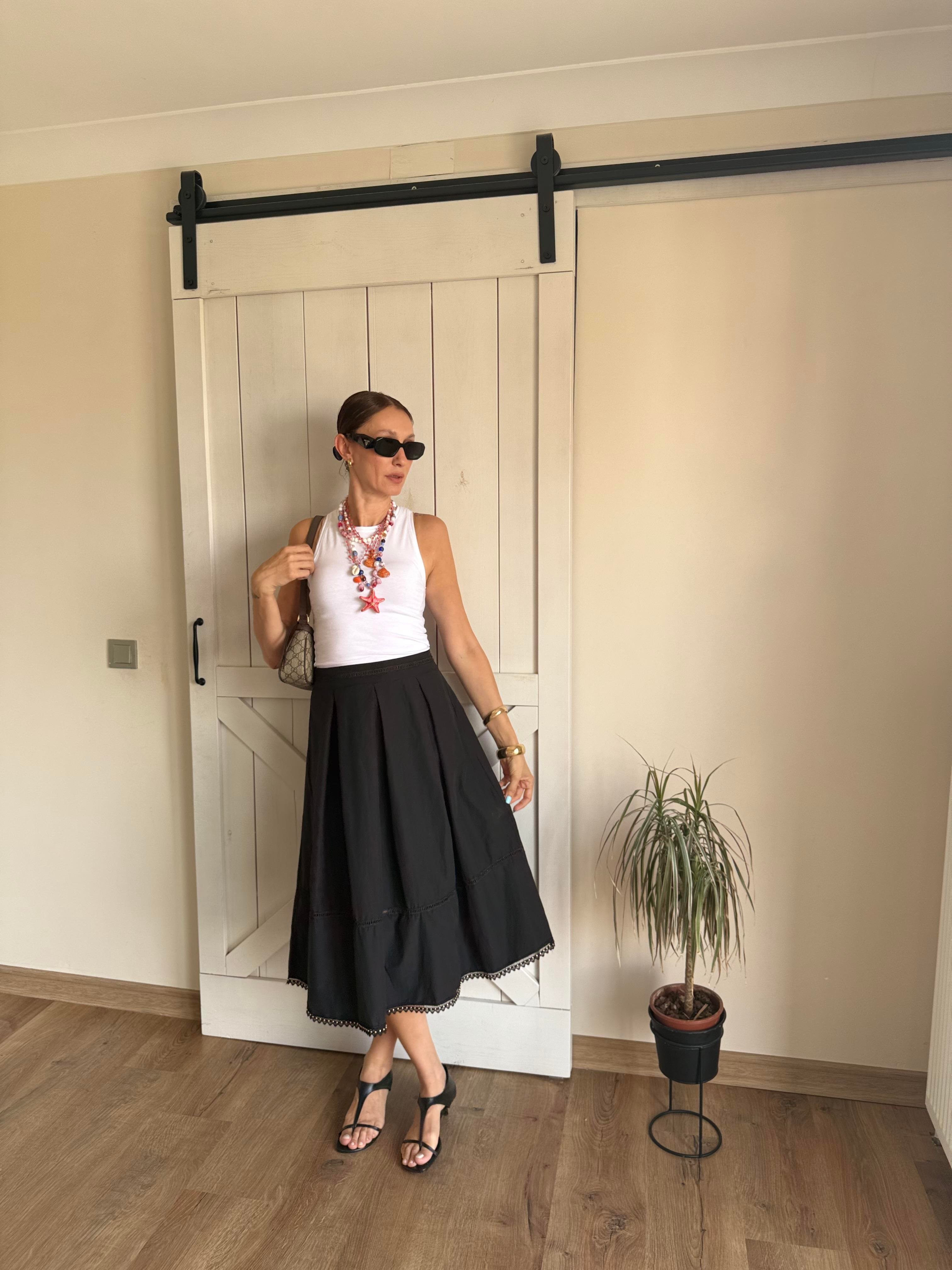 Premium Kontrast Şeritli Siyah Etek