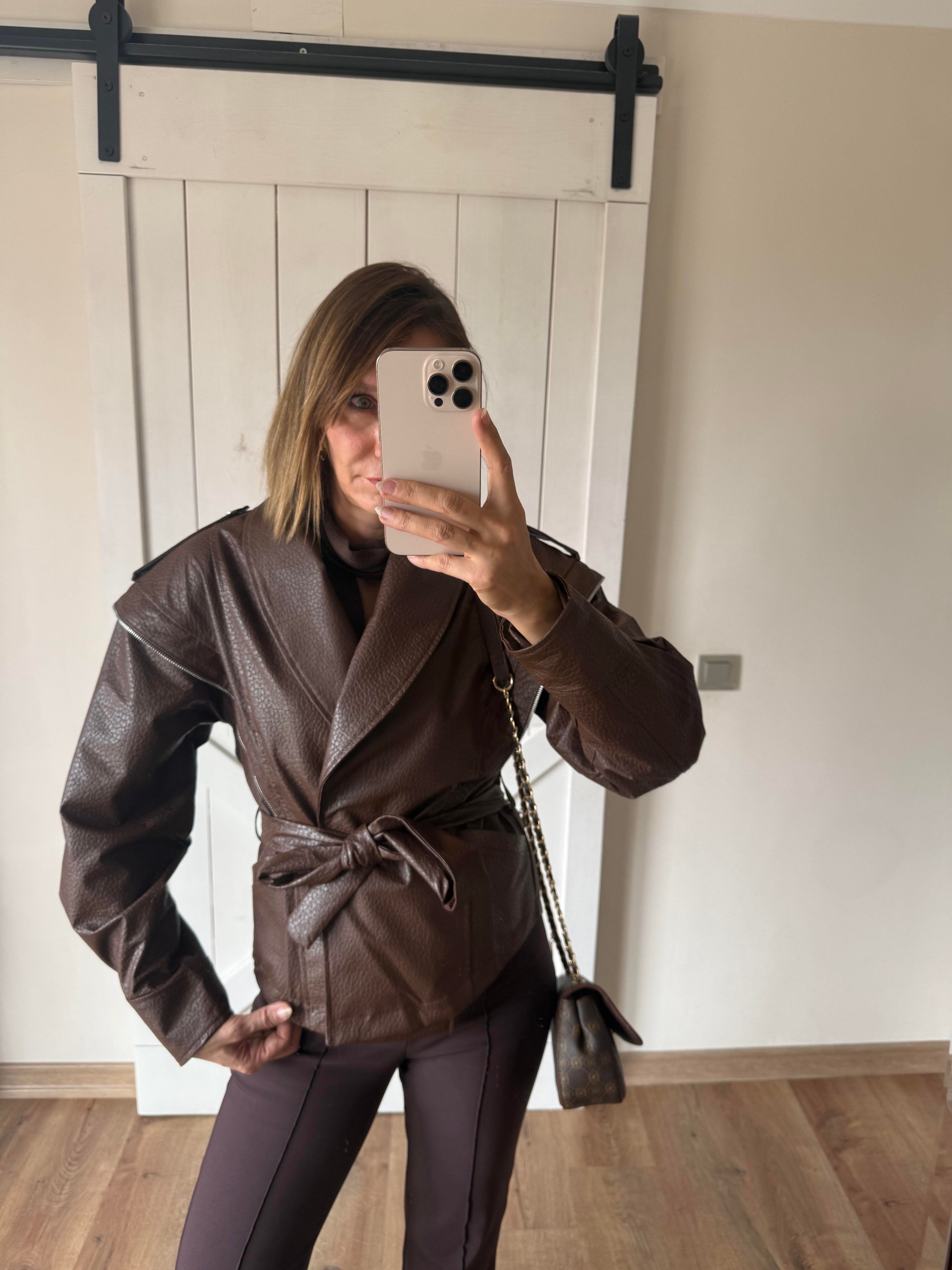 Premium Marka Model Taba Kuşaklı Deri Ceket