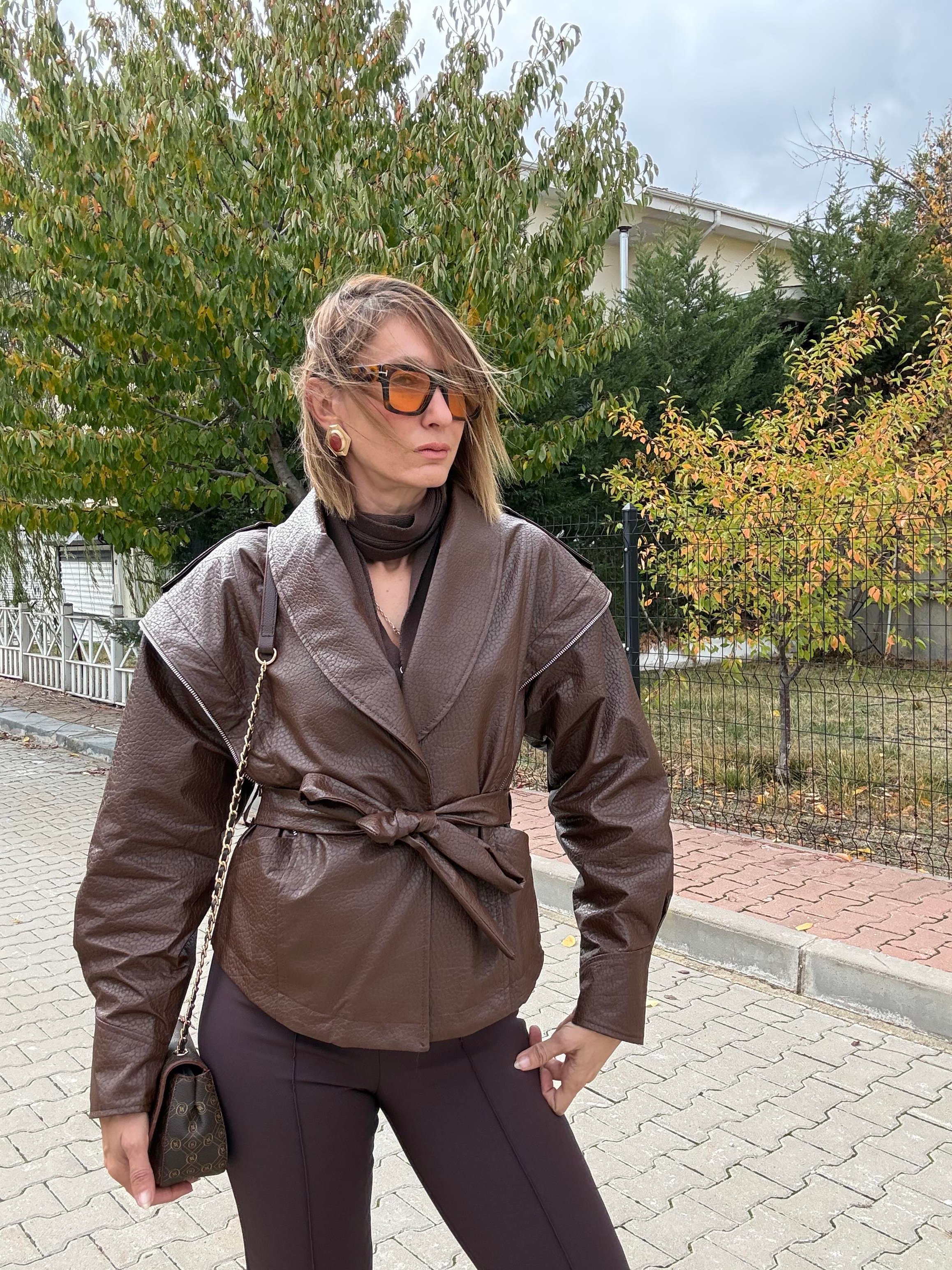 Premium Marka Model Taba Kuşaklı Deri Ceket