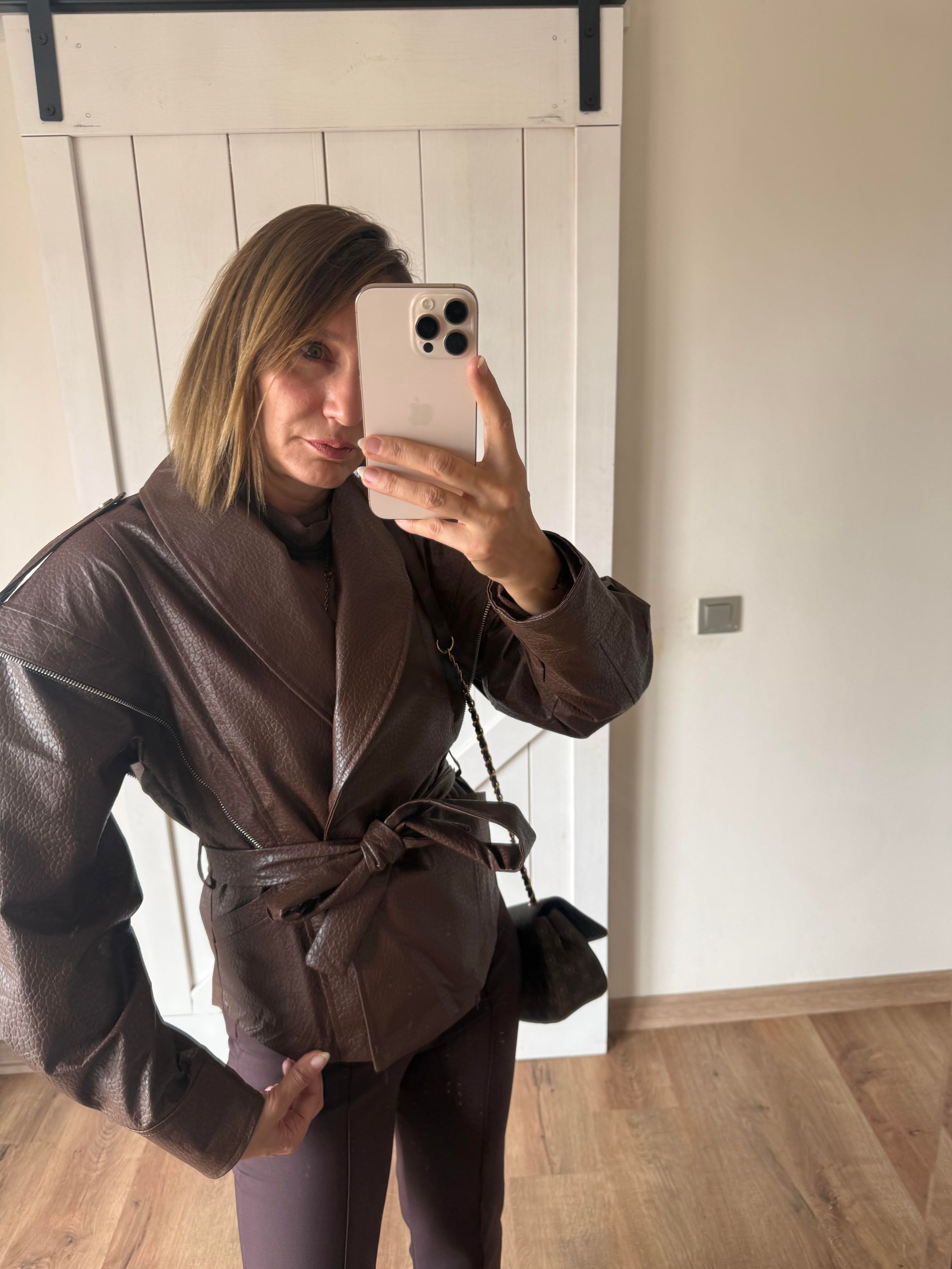 Premium Marka Model Taba Kuşaklı Deri Ceket