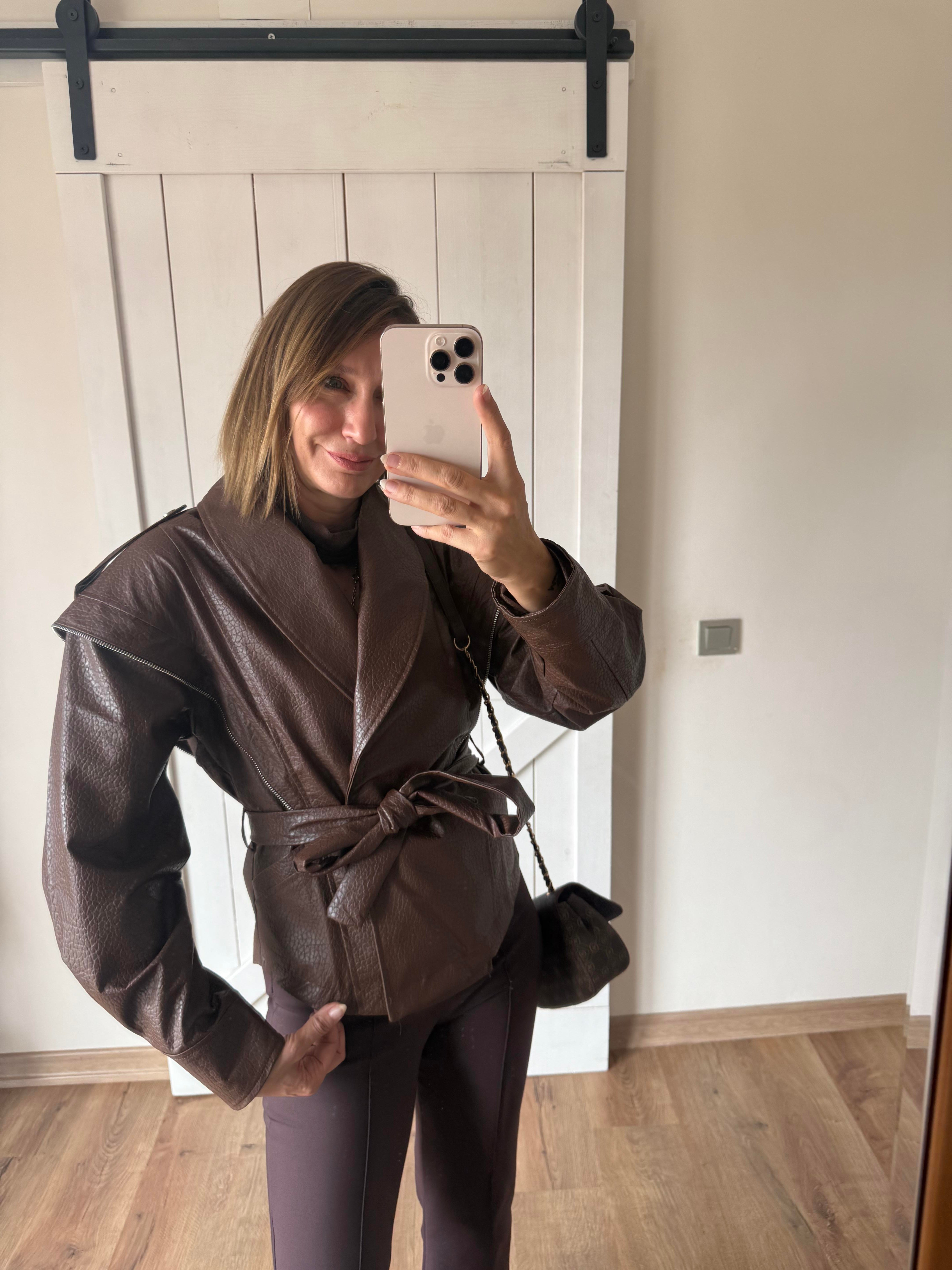 Premium Marka Model Taba Kuşaklı Deri Ceket