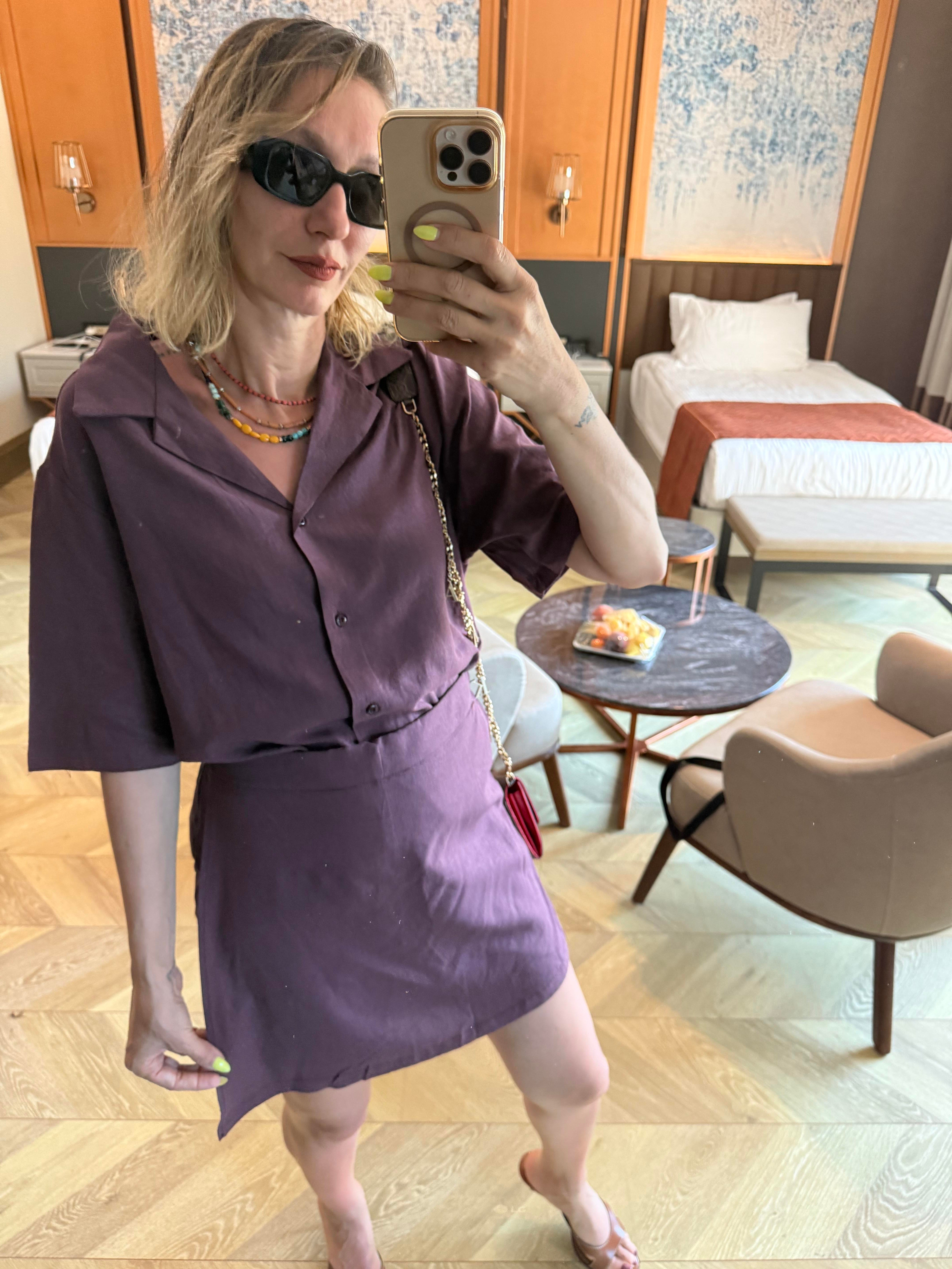 Premium Mass Mürdüm Gömlek Şort Etekli Takım