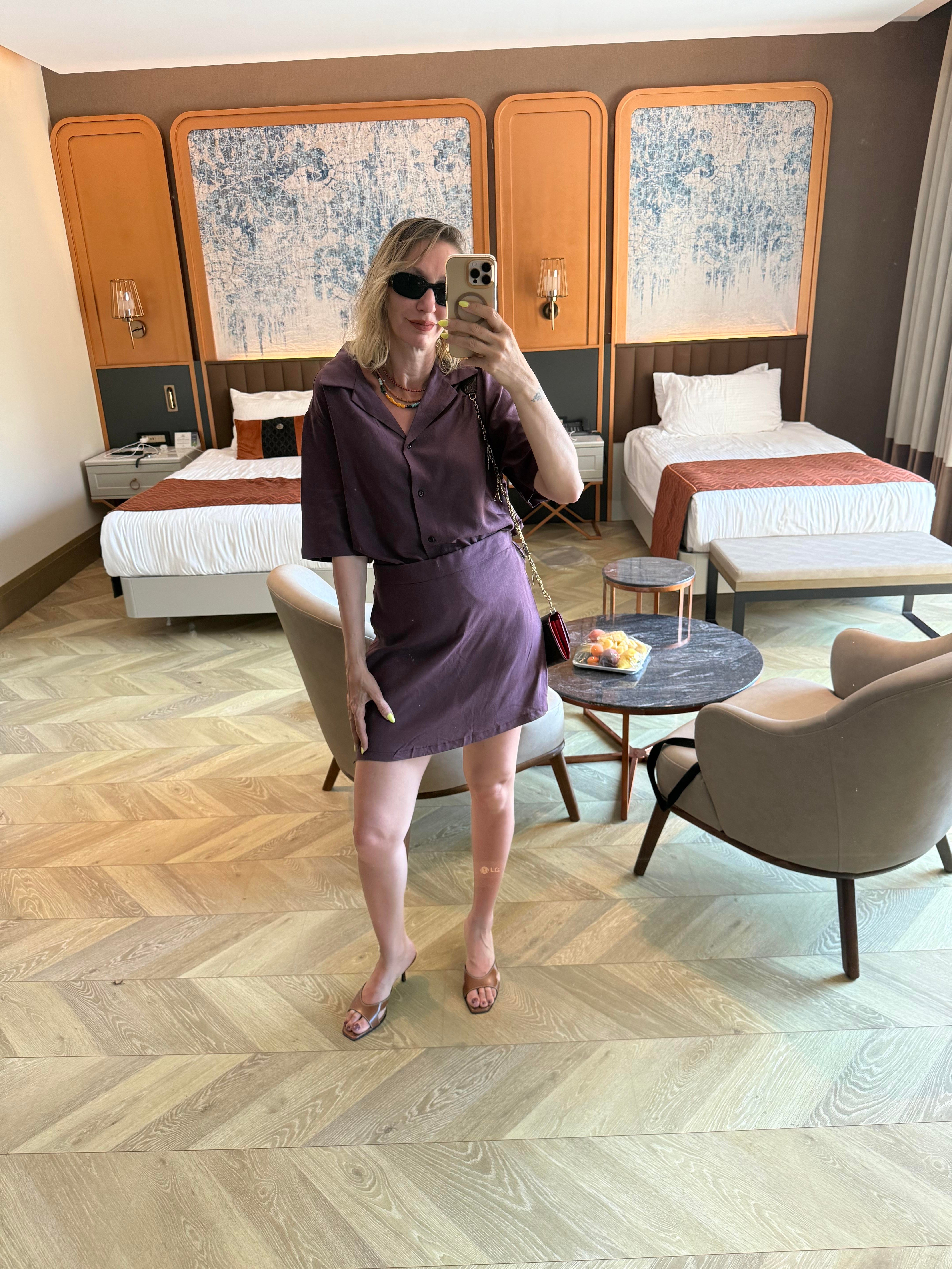 Premium Mass Mürdüm Gömlek Şort Etekli Takım