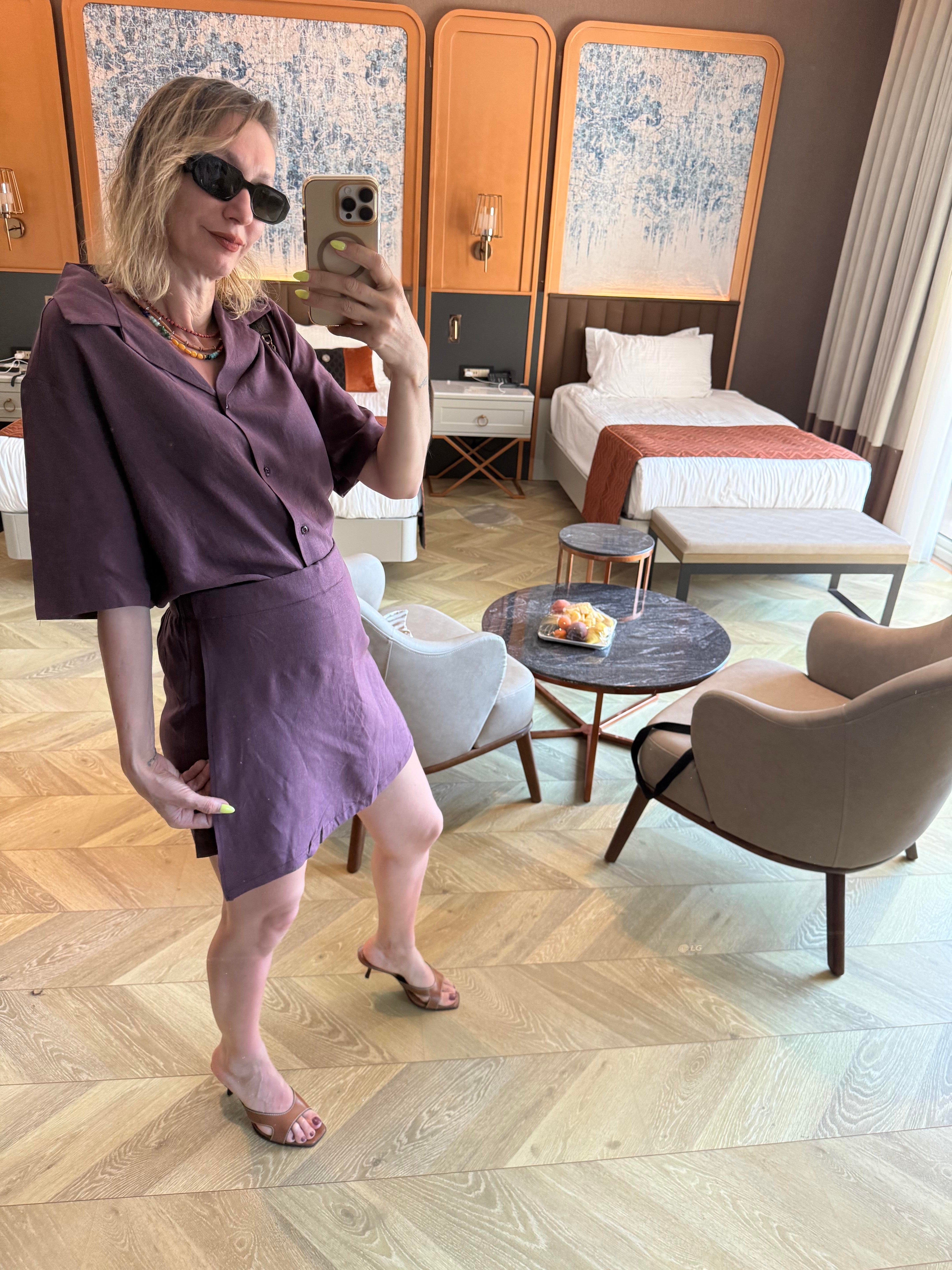 Premium Mass Mürdüm Gömlek Şort Etekli Takım