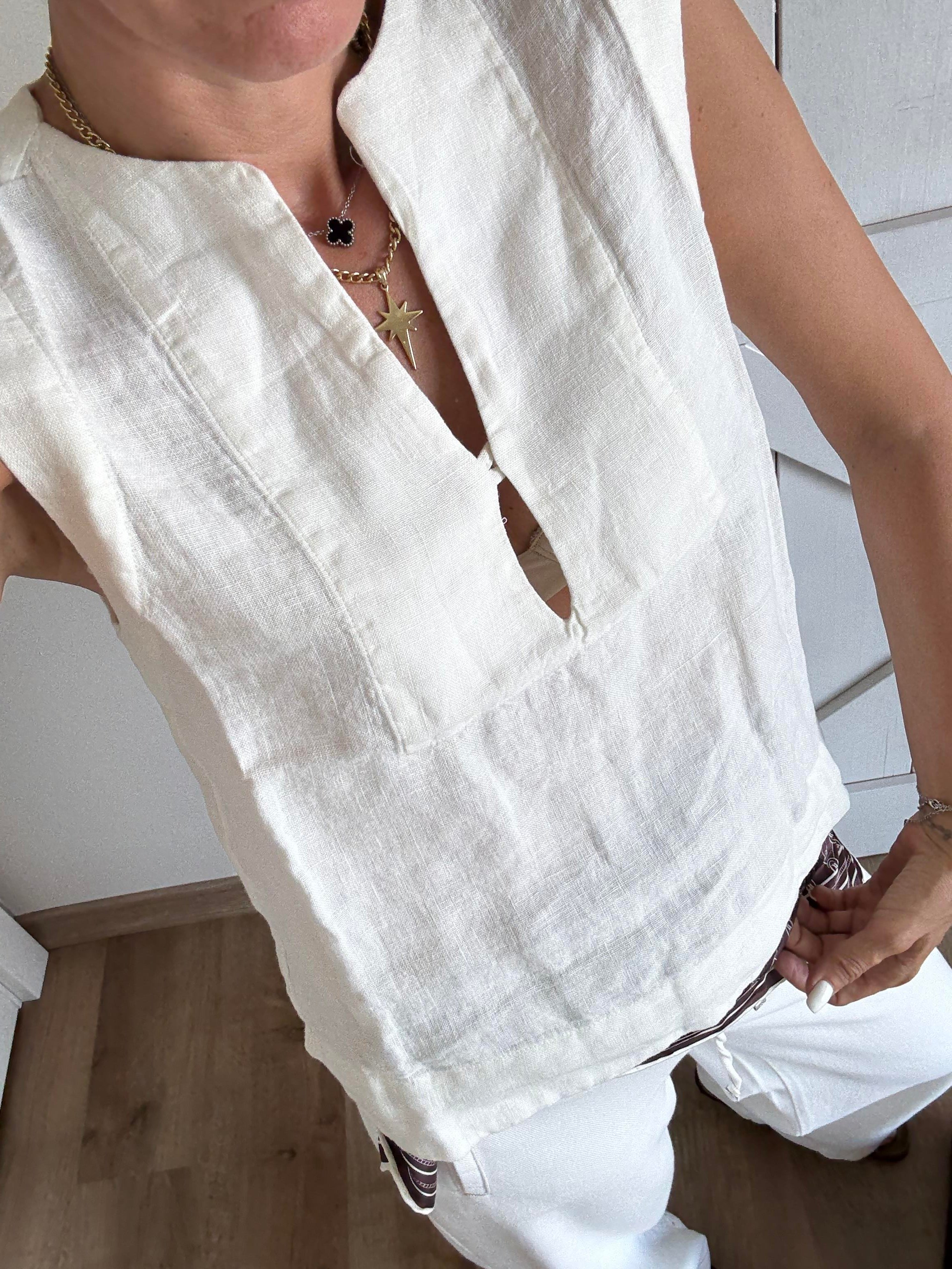 Premium Massi Kırık Beyaz Keten Tek Düğmeli Bluz