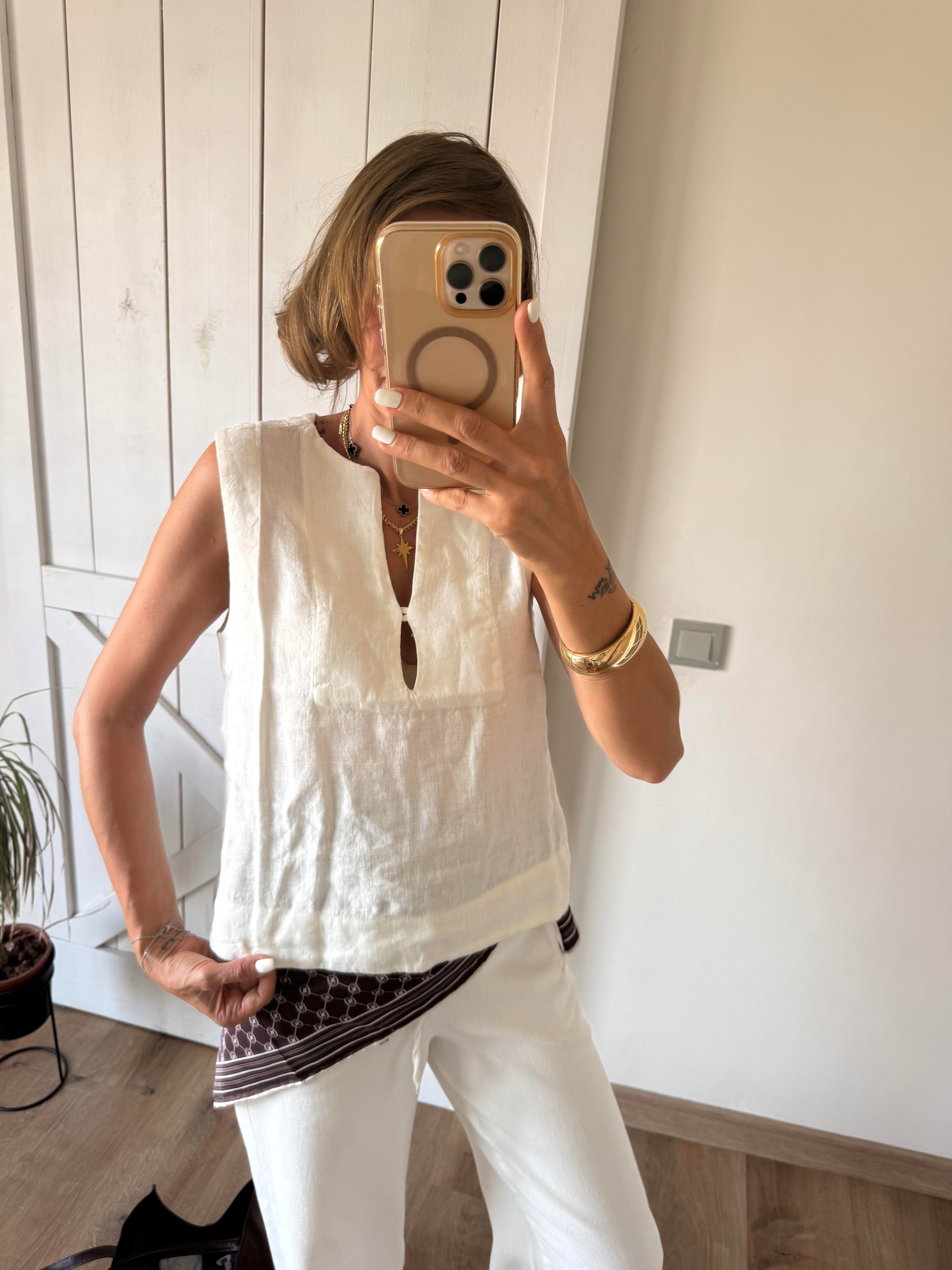 Premium Massi Kırık Beyaz Keten Tek Düğmeli Bluz