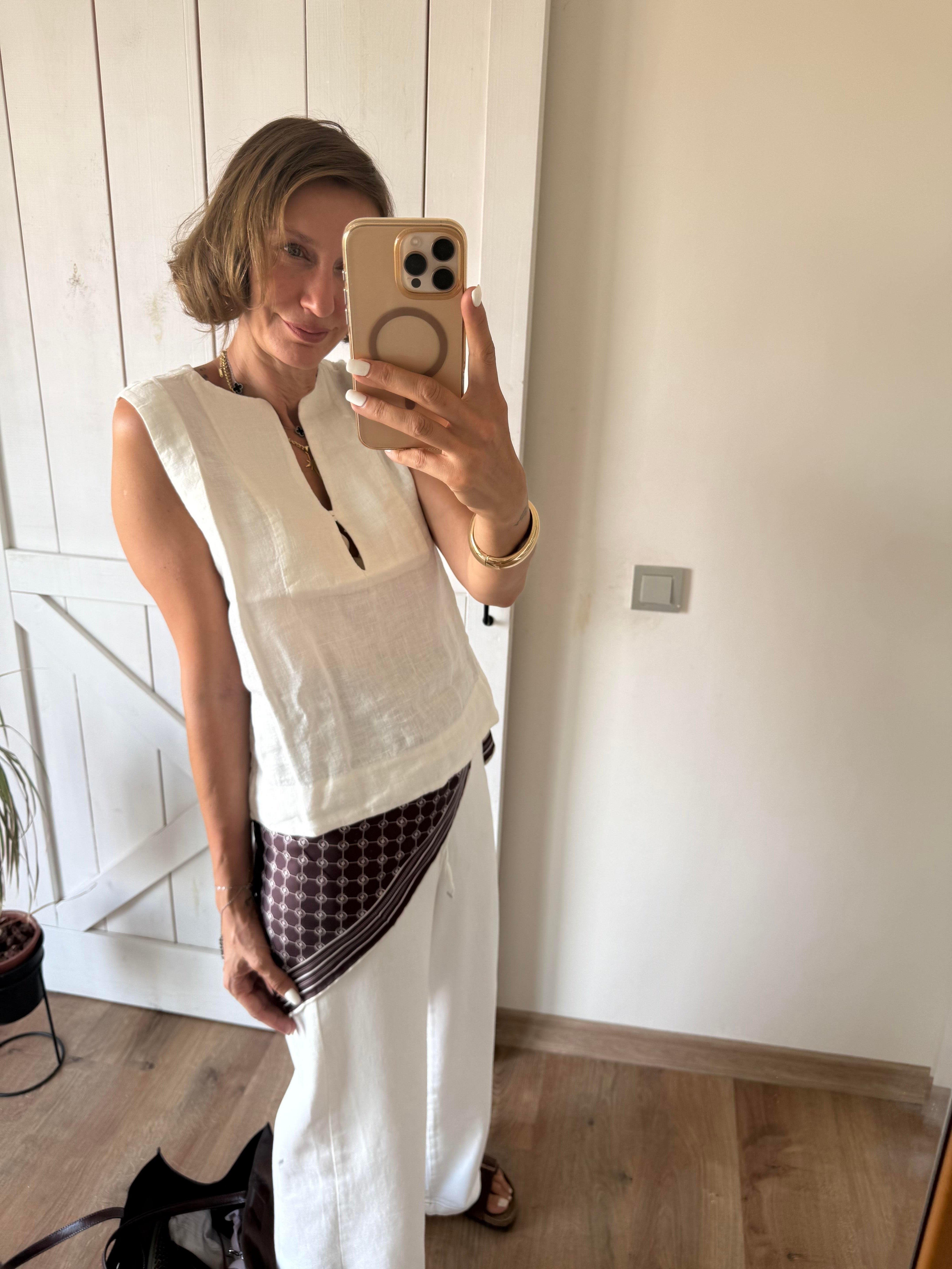 Premium Massi Kırık Beyaz Keten Tek Düğmeli Bluz