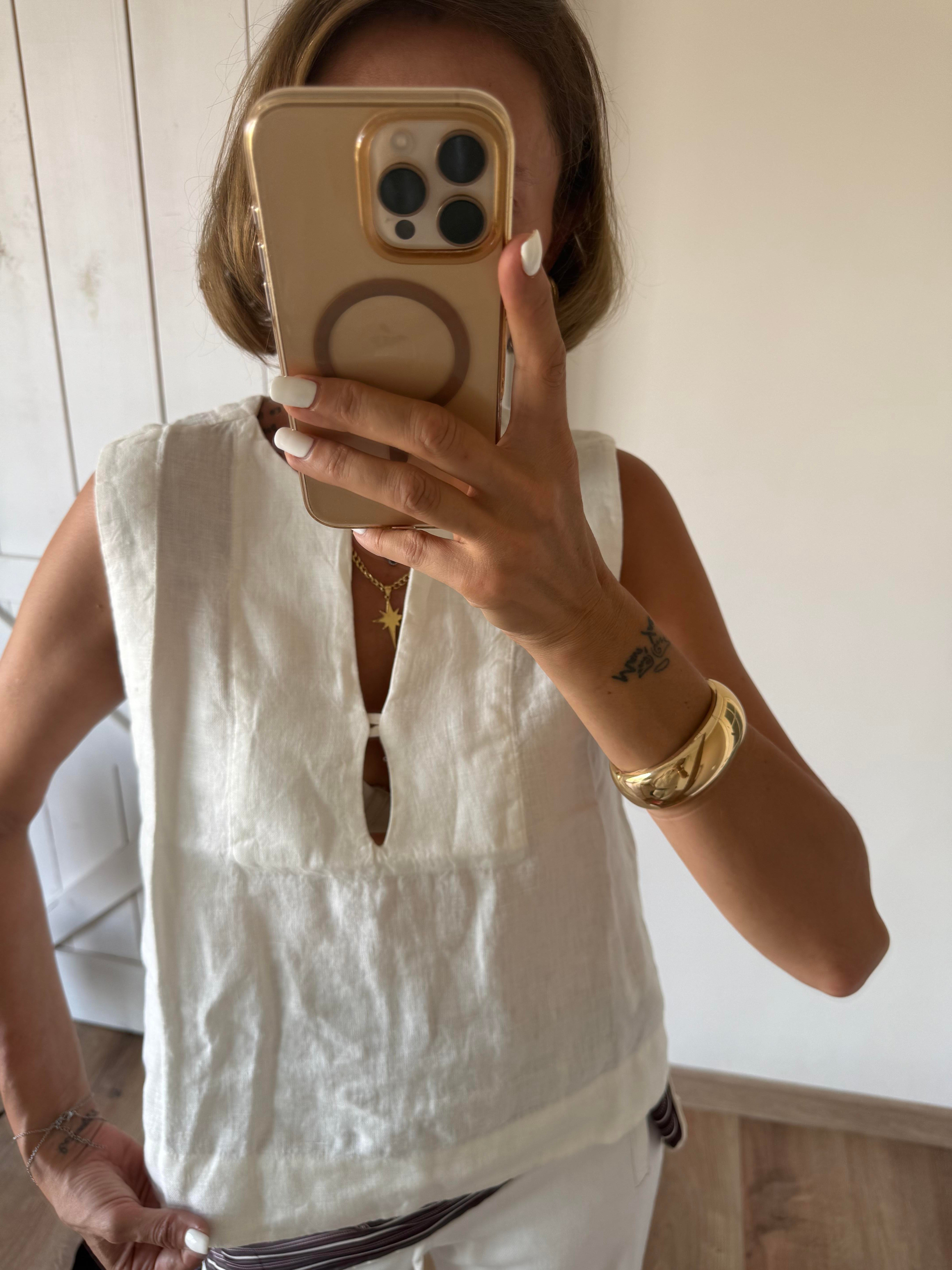 Premium Massi Kırık Beyaz Keten Tek Düğmeli Bluz