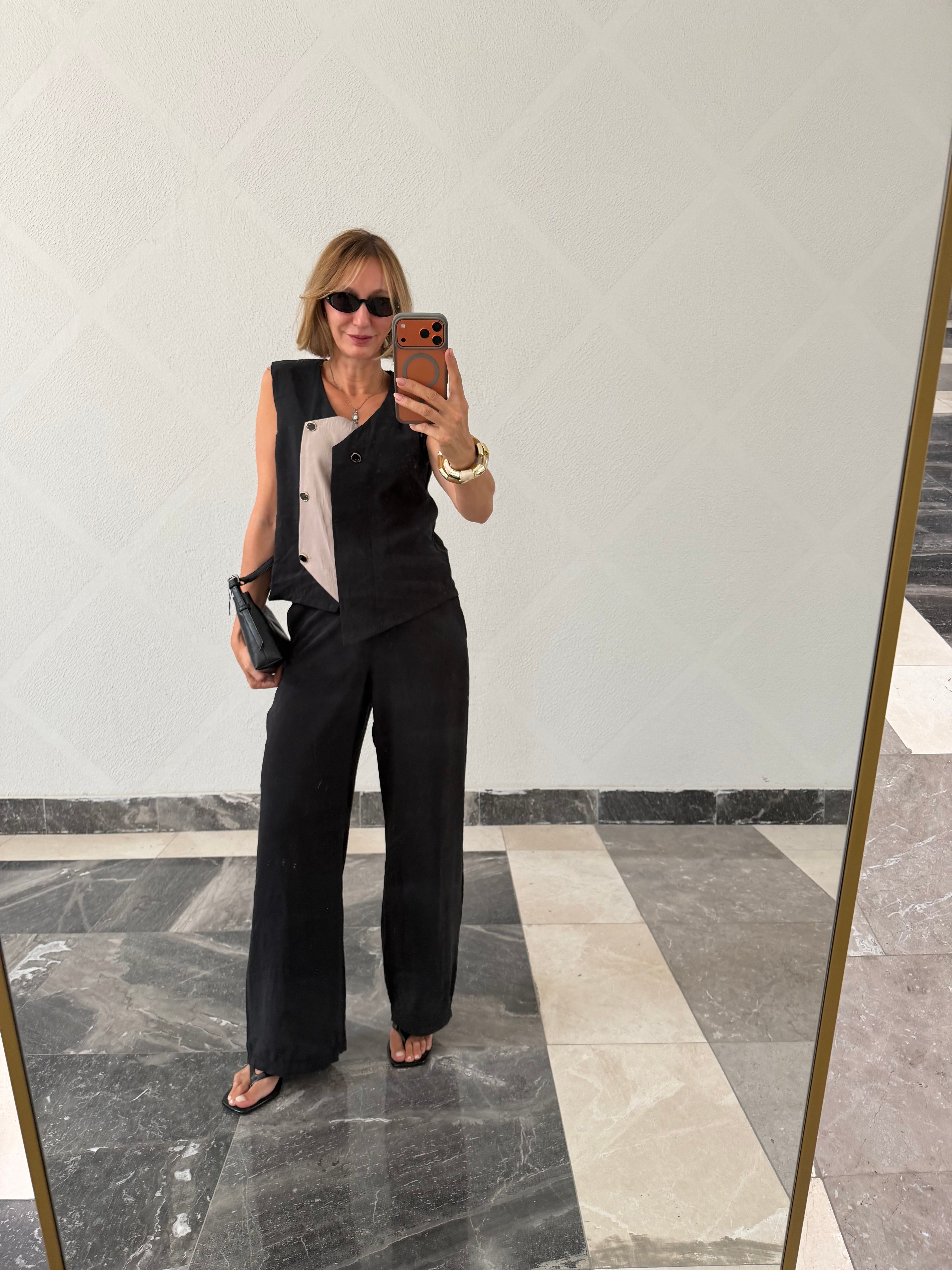 Premium Orijinal Model , Tasarım Düğme Detaylı , Siyah, Tencel Takım