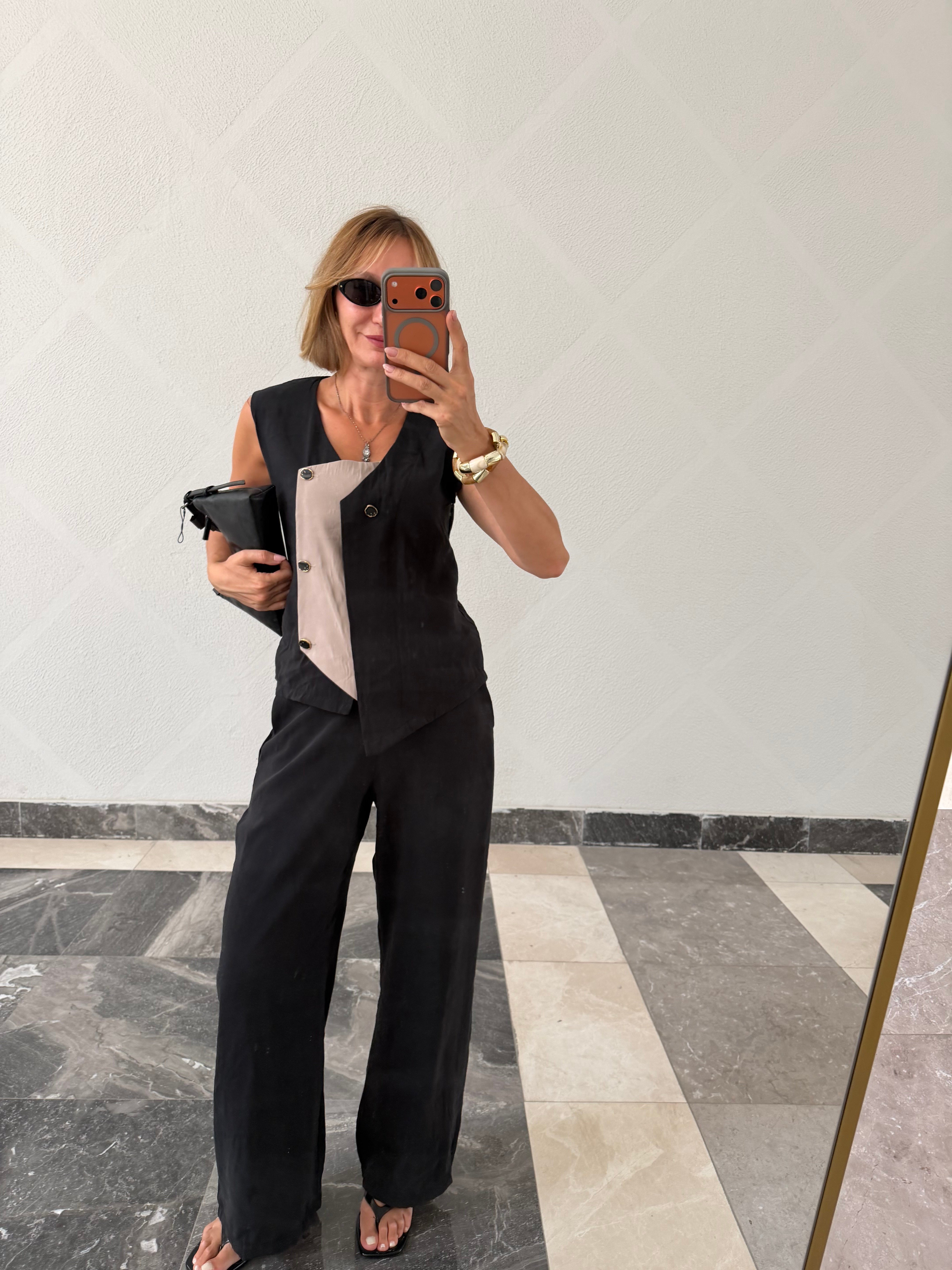 Premium Orijinal Model , Tasarım Düğme Detaylı , Siyah, Tencel Takım