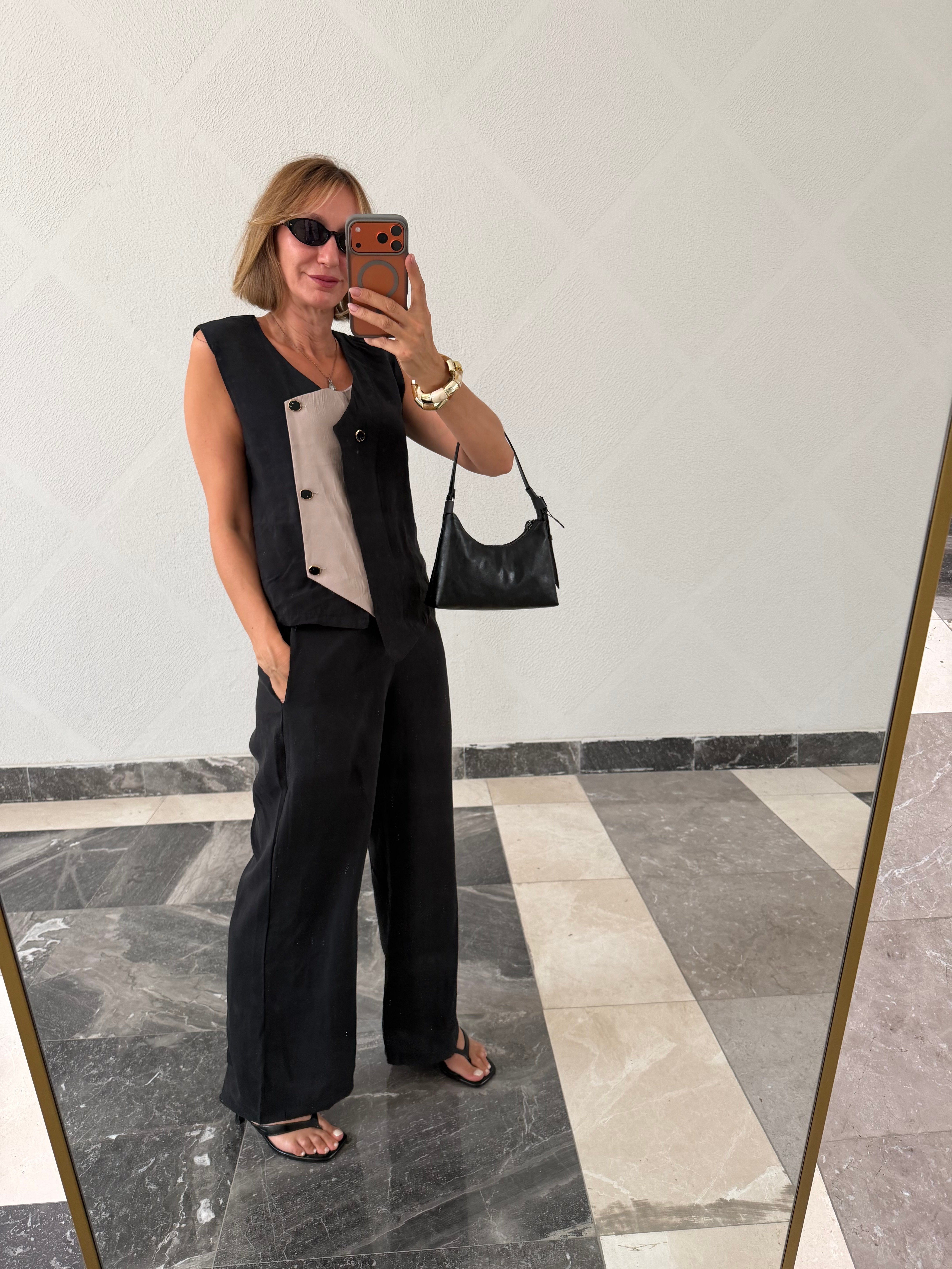 Premium Orijinal Model , Tasarım Düğme Detaylı , Siyah, Tencel Takım