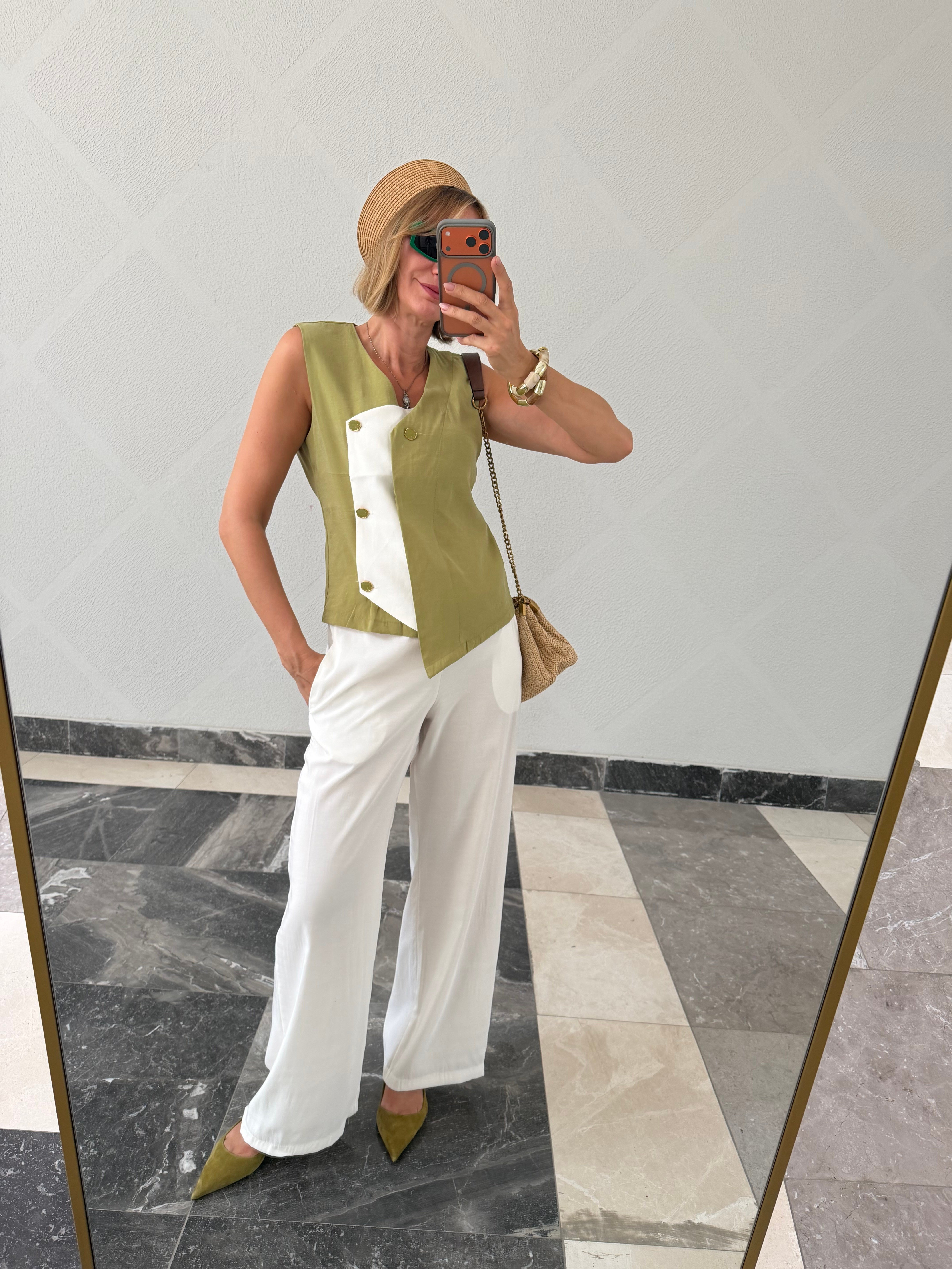 Premium Orijinal Model , Tasarım Düğme Detaylı , Yağ Yeşili, Tencel Takım