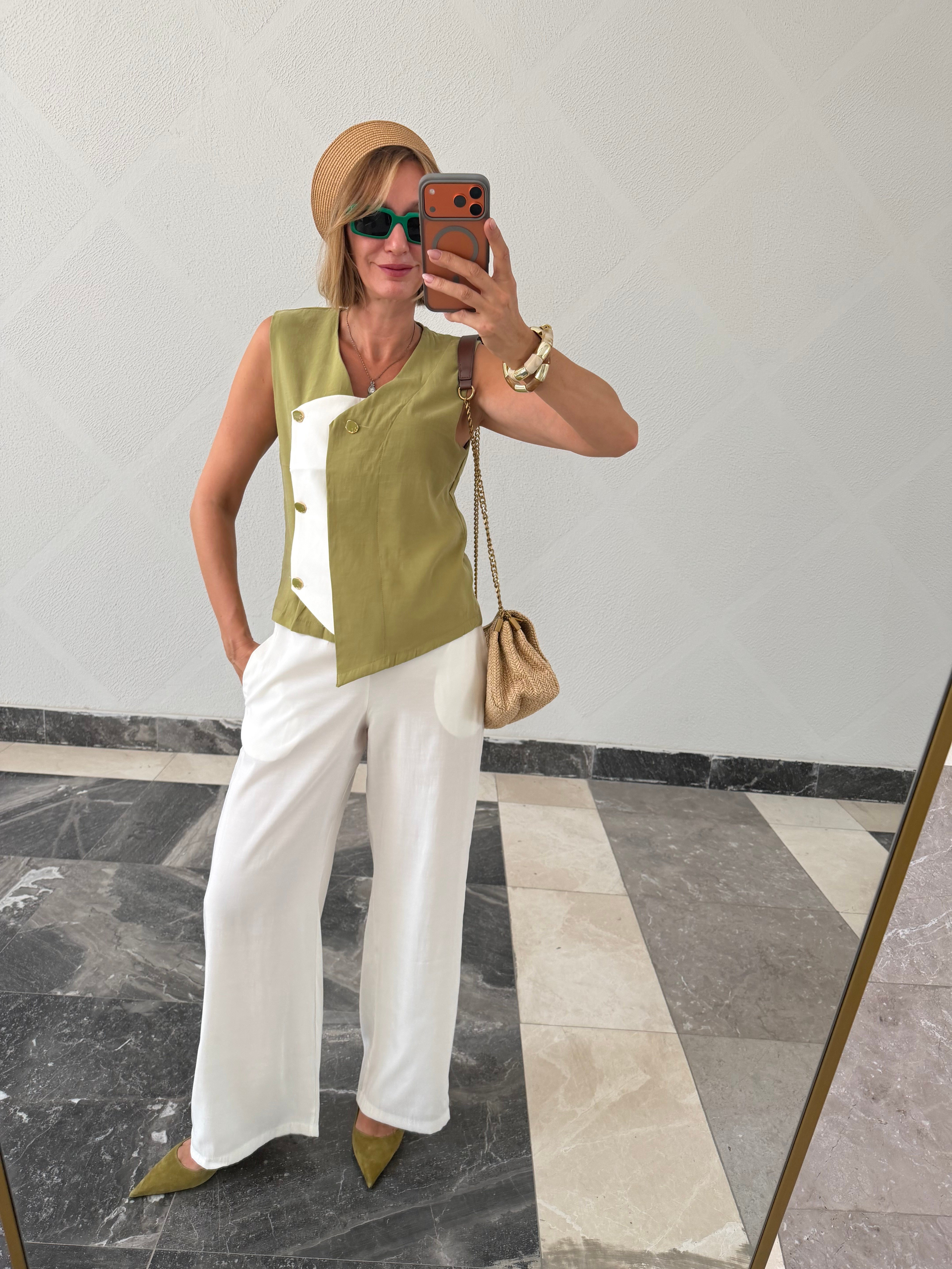 Premium Orijinal Model , Tasarım Düğme Detaylı , Yağ Yeşili, Tencel Takım