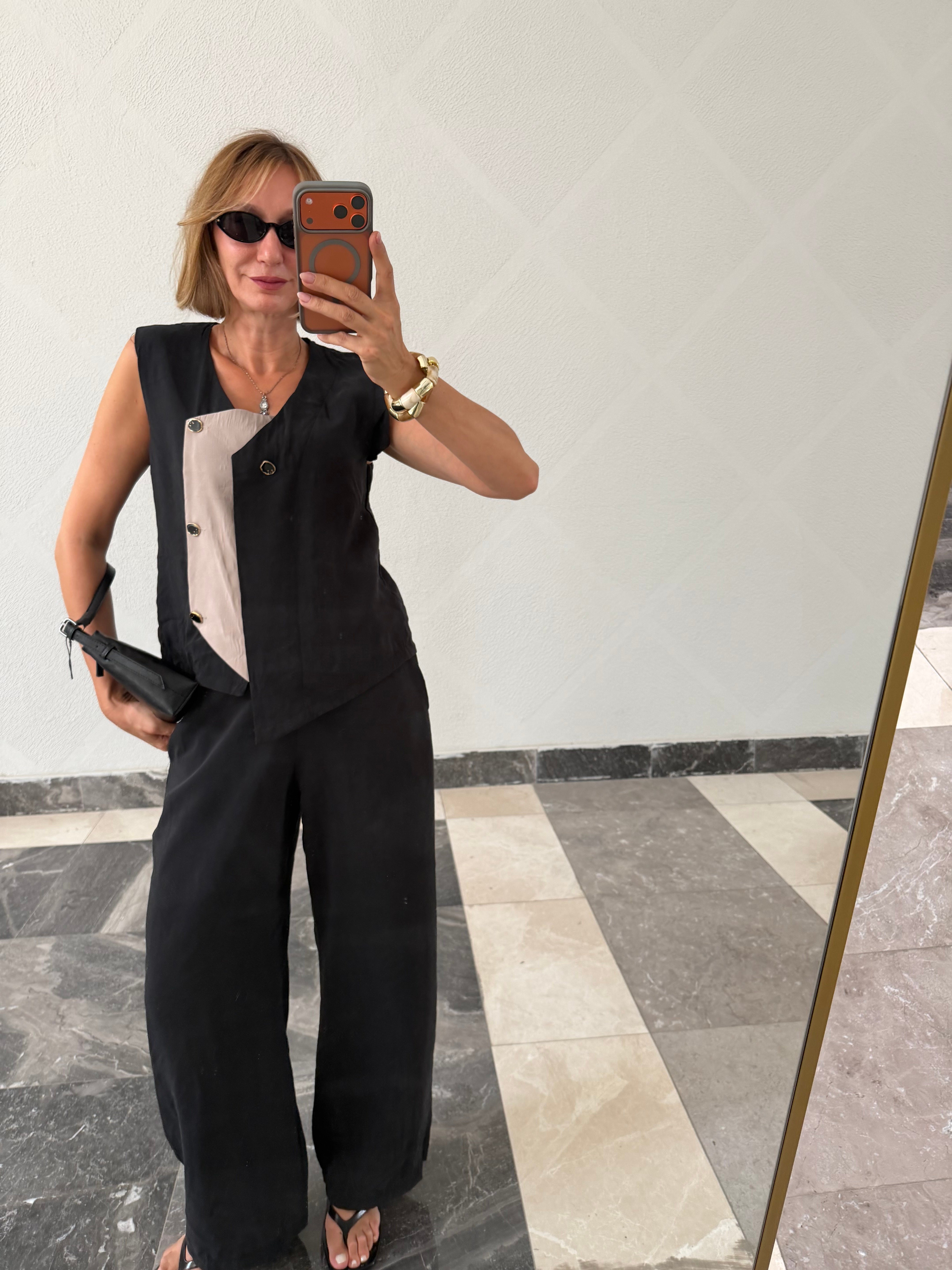 Premium Orijinal Model , Tasarım Düğme Detaylı , Siyah, Tencel Takım
