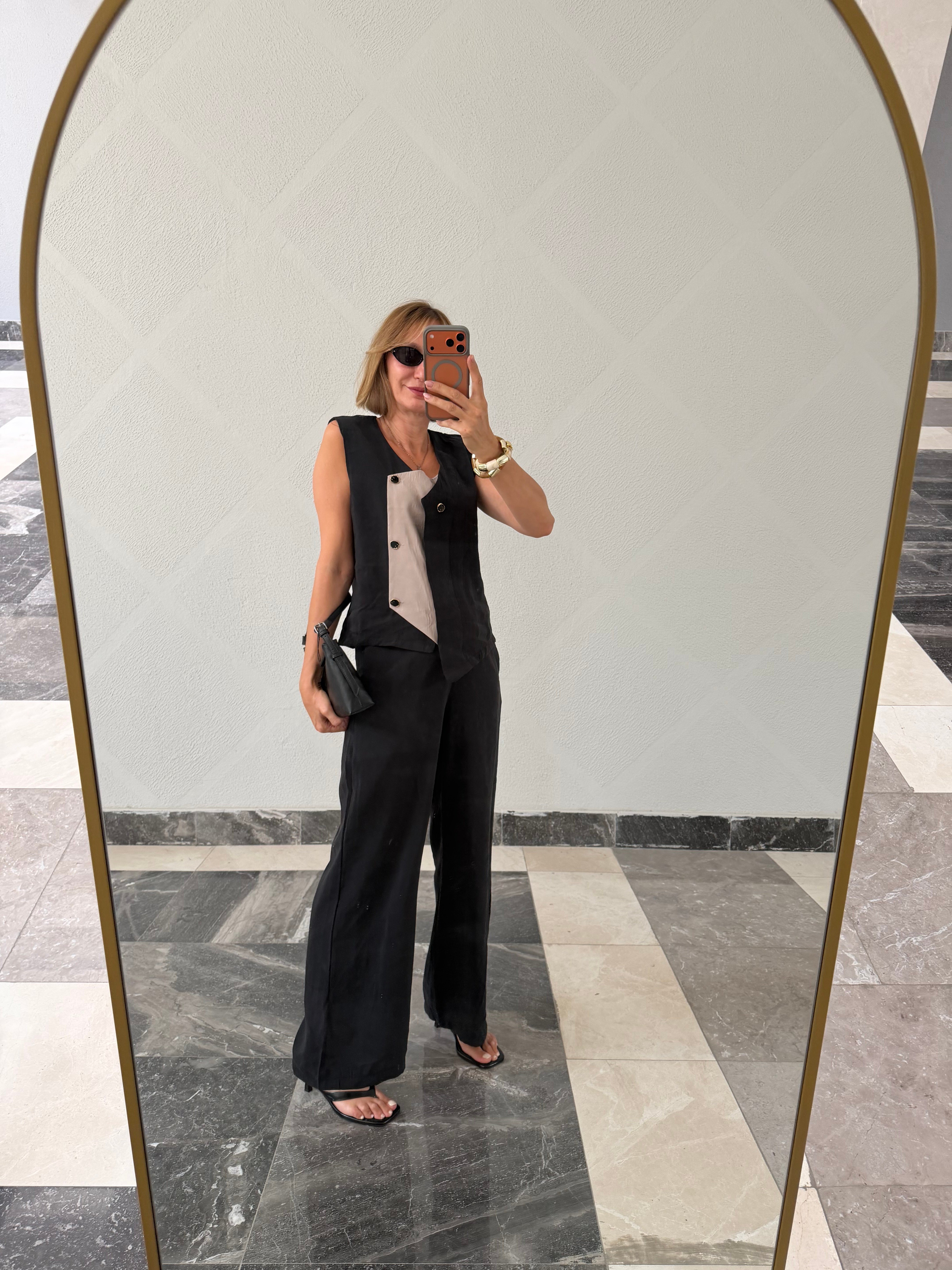 Premium Orijinal Model , Tasarım Düğme Detaylı , Siyah, Tencel Takım