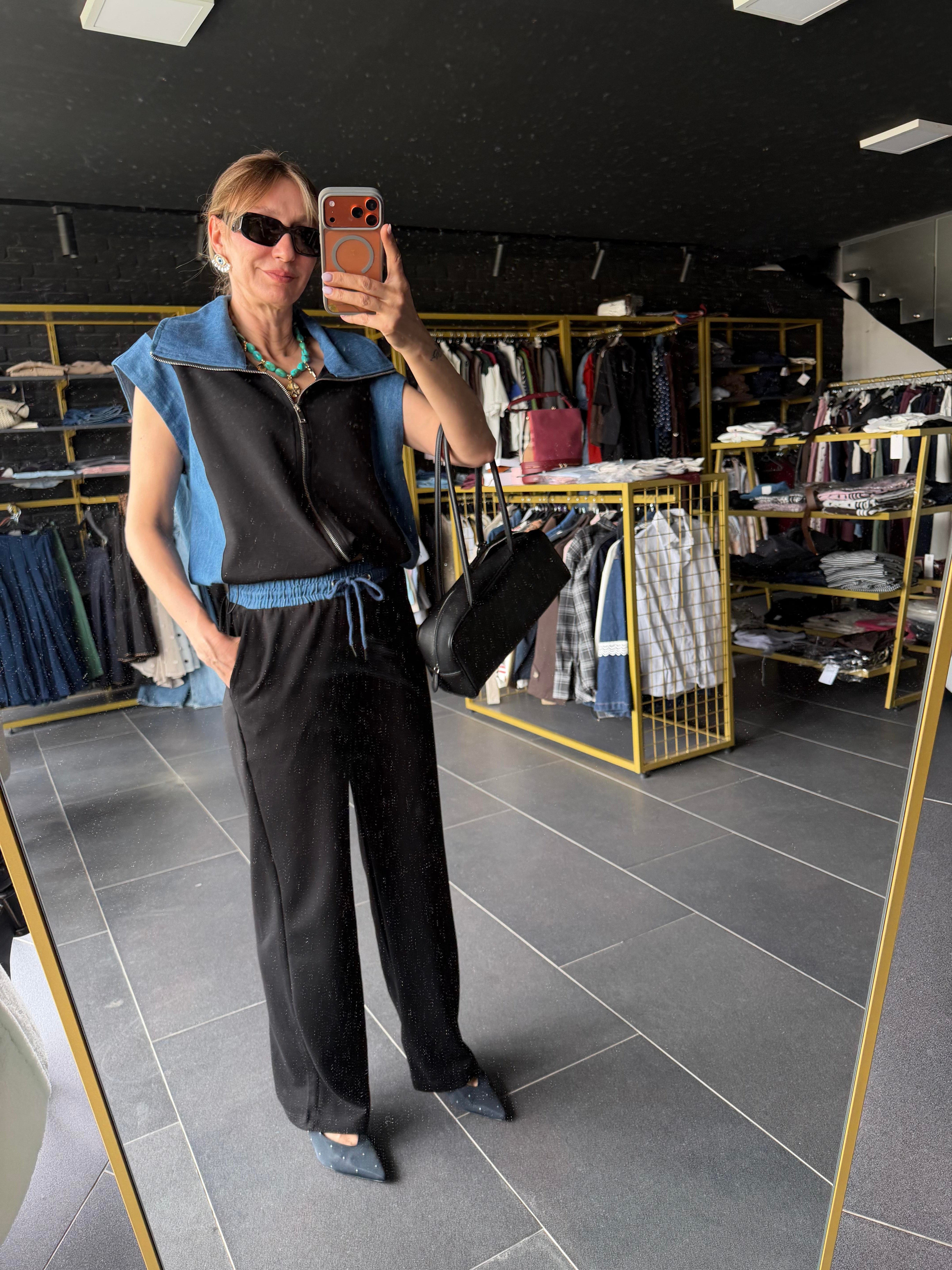Premium Siyah Marka Model Denim Garnili Takım