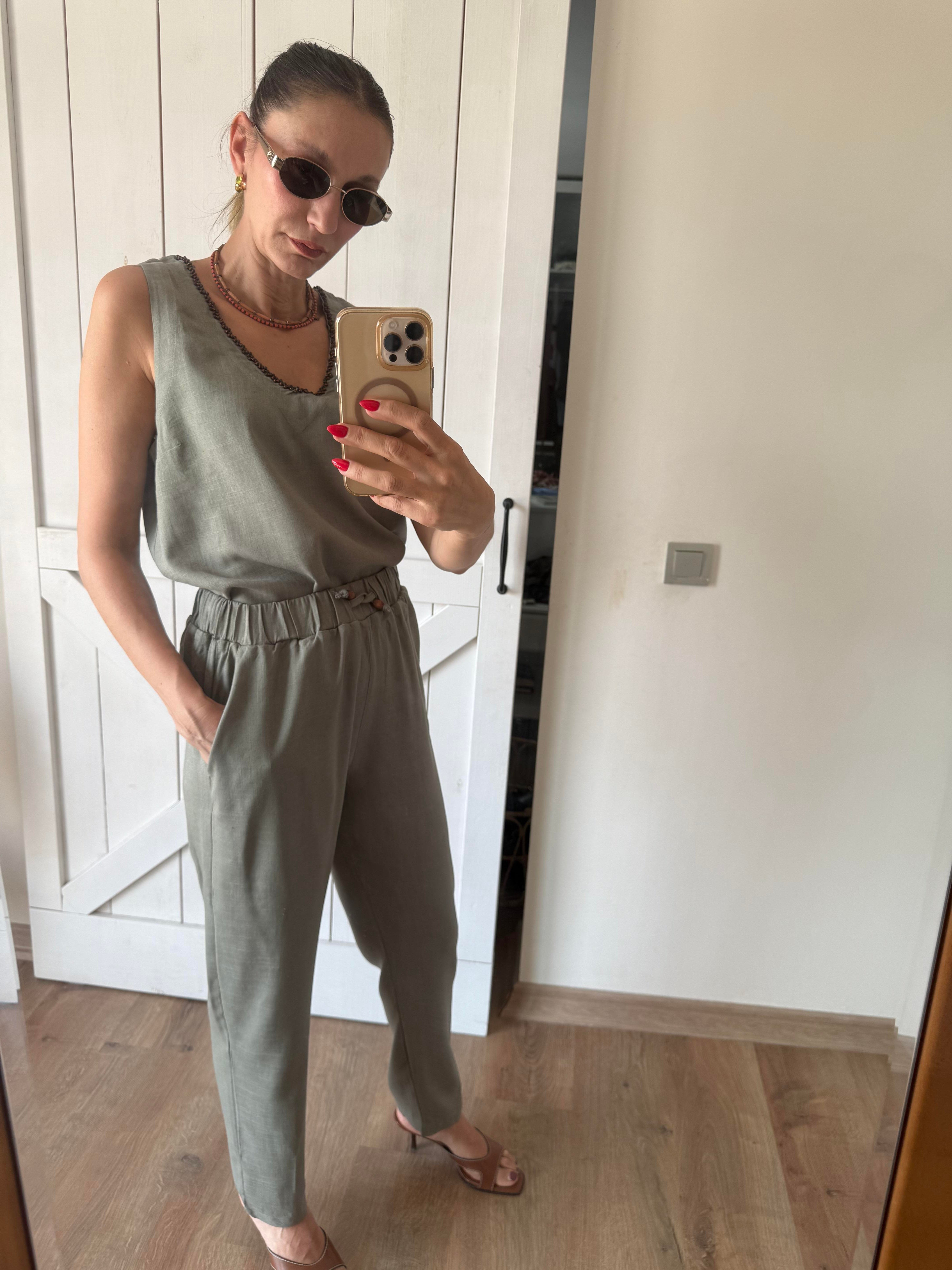 Premium V Yaka Taşlı Bluz Pantolon Haki Takım