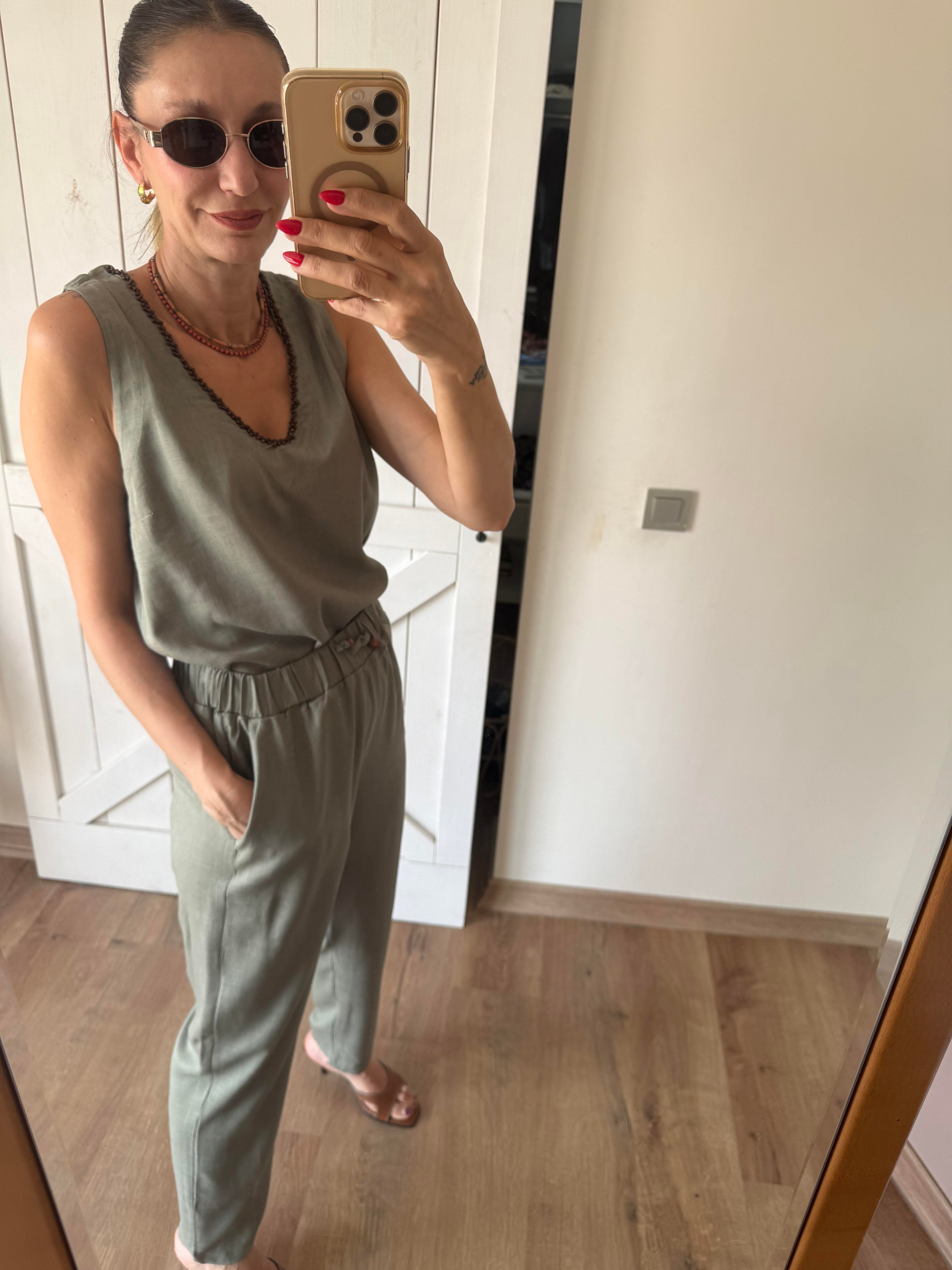 Premium V Yaka Taşlı Bluz Pantolon Haki Takım