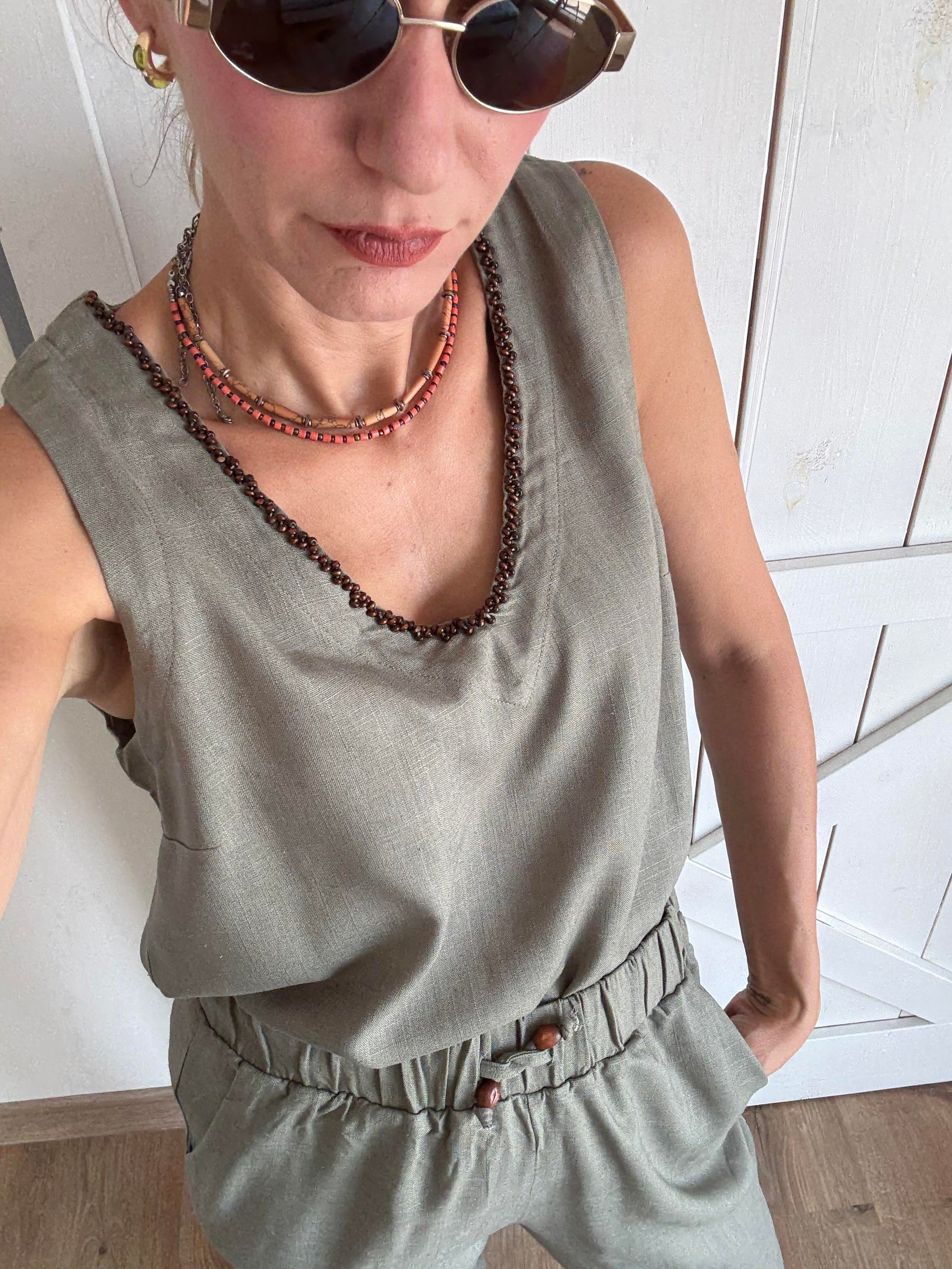 Premium V Yaka Taşlı Bluz Pantolon Haki Takım