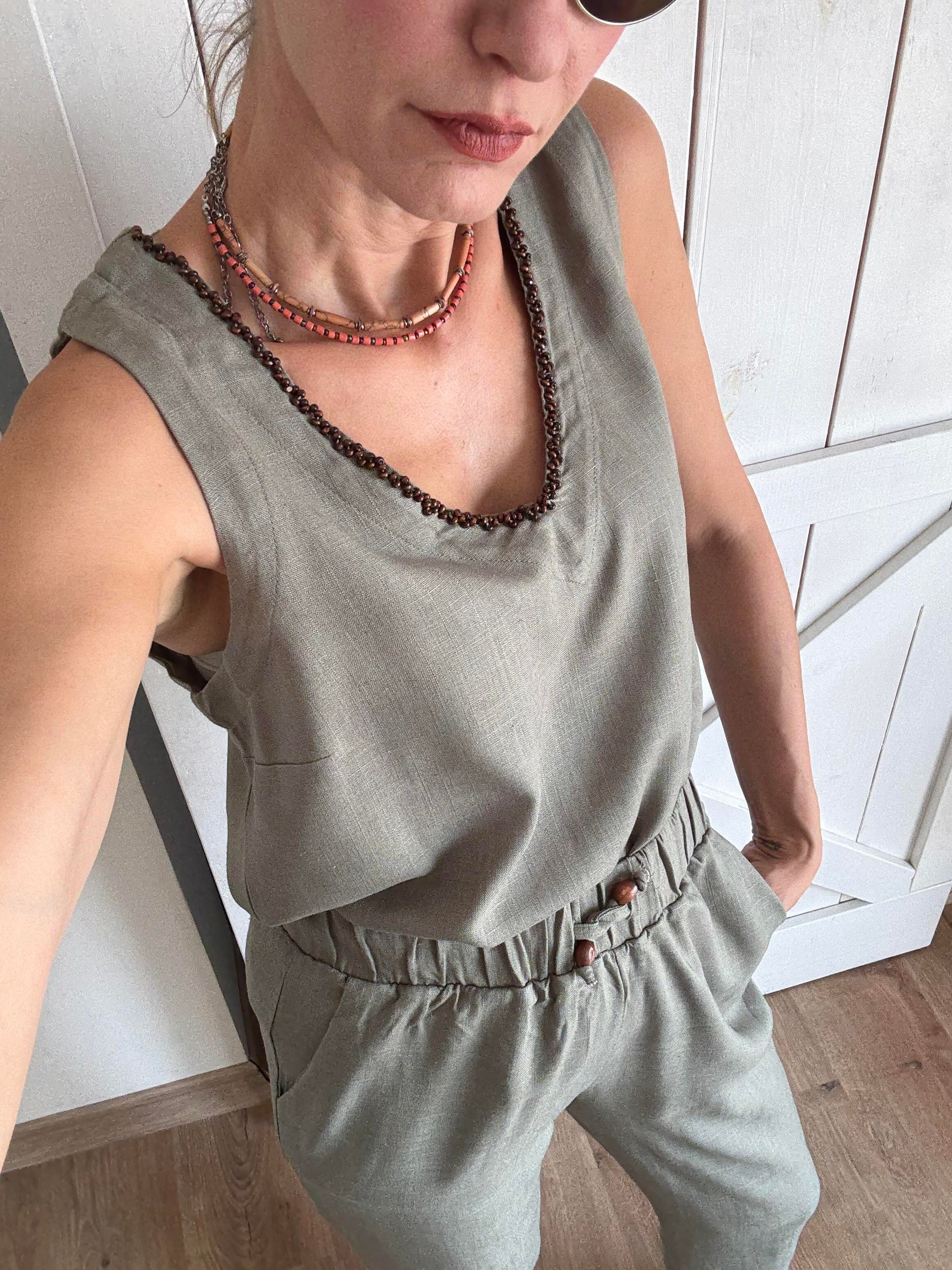 Premium V Yaka Taşlı Bluz Pantolon Haki Takım