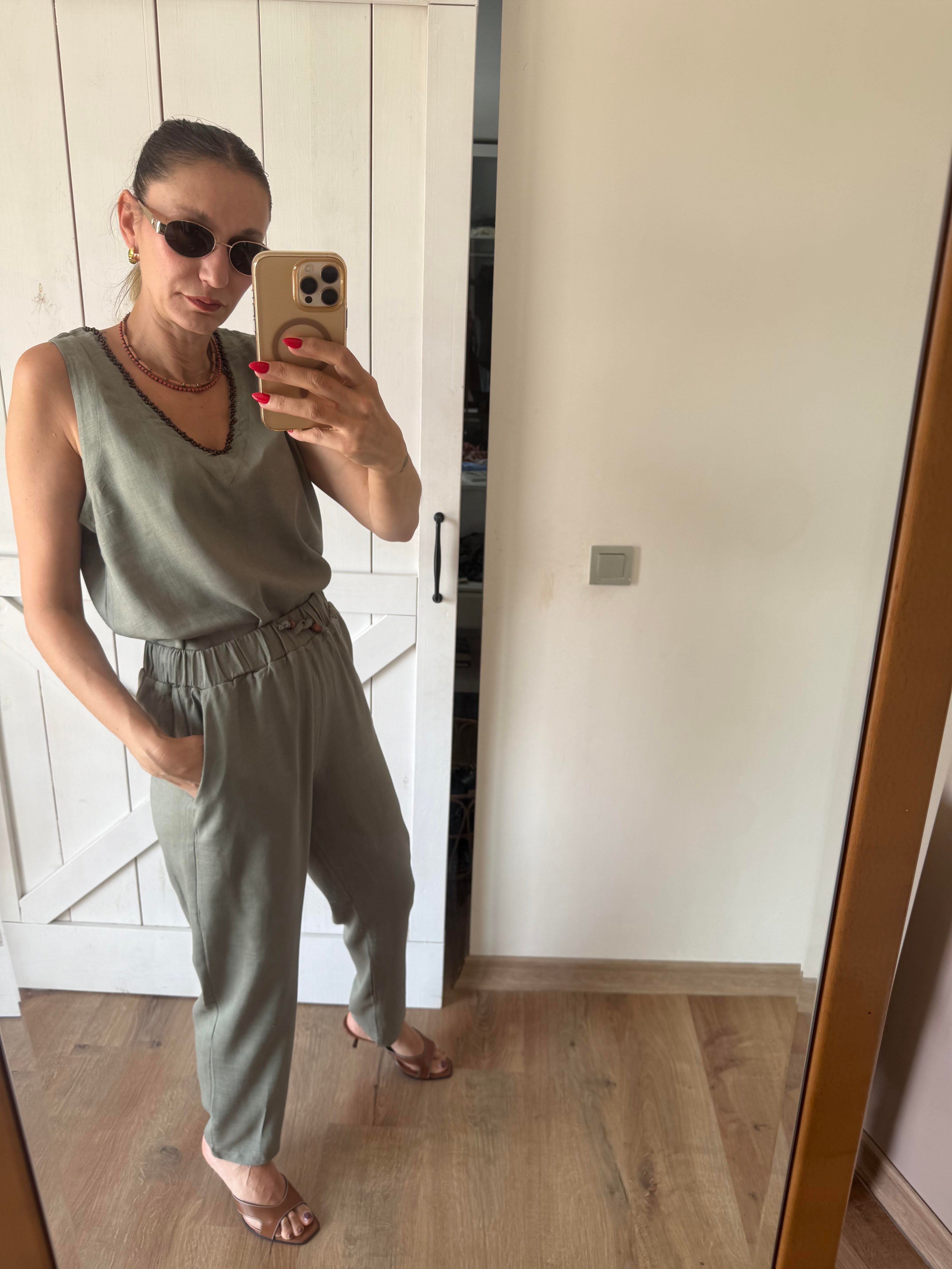 Premium V Yaka Taşlı Bluz Pantolon Haki Takım