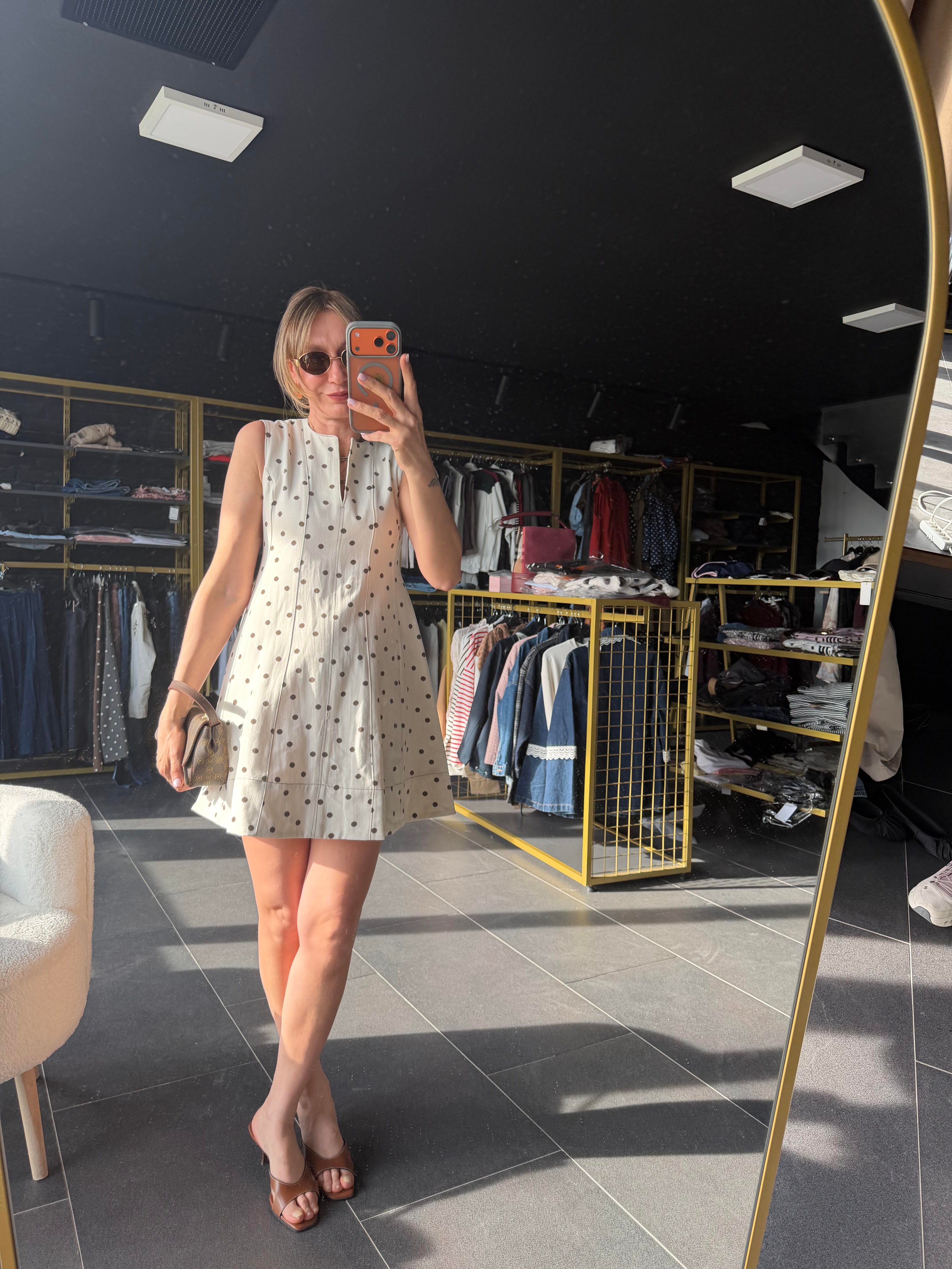 Puantiyeli Gabardin Kumaş Ekru Mini Elbise