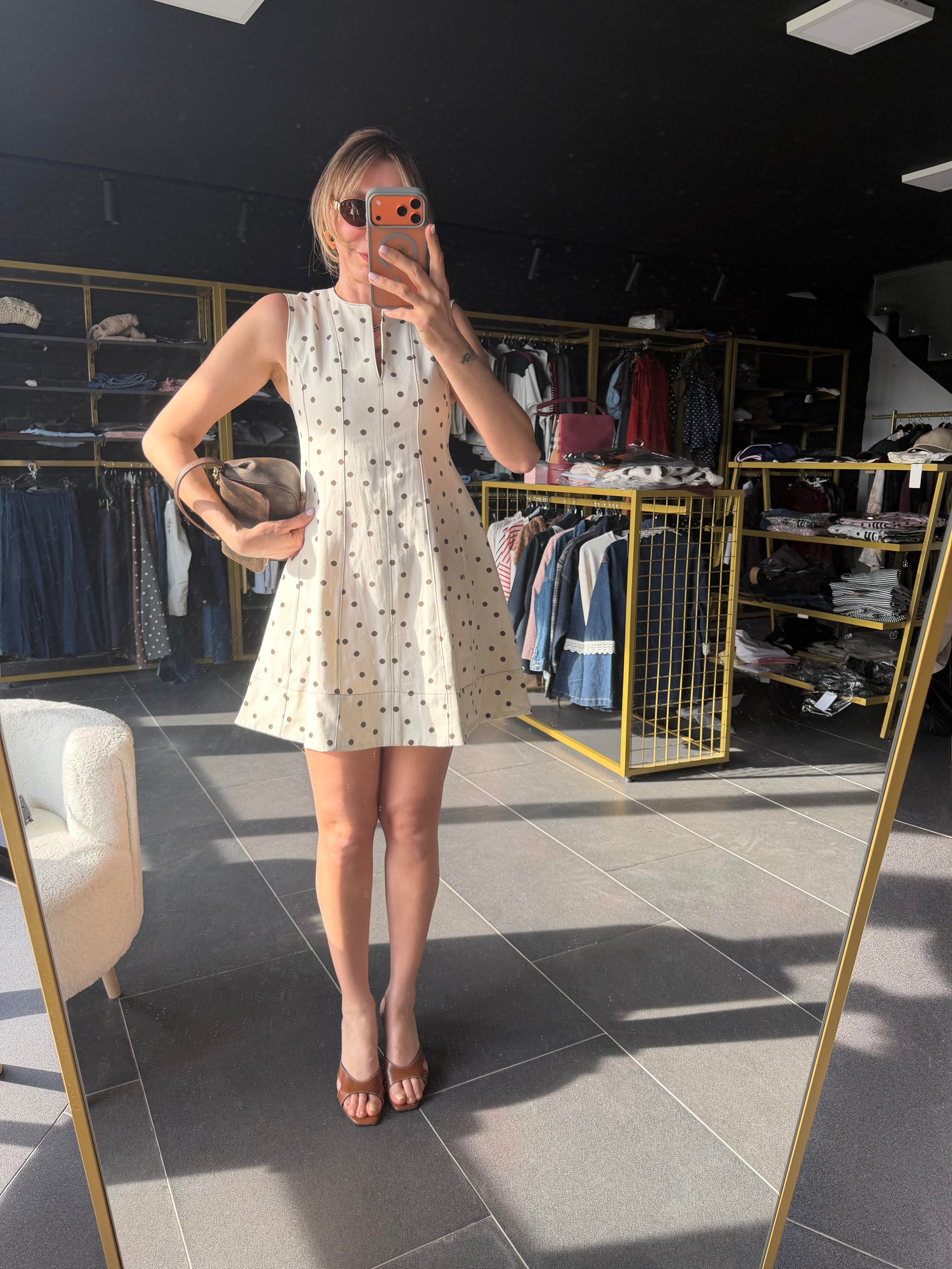 Puantiyeli Gabardin Kumaş Ekru Mini Elbise