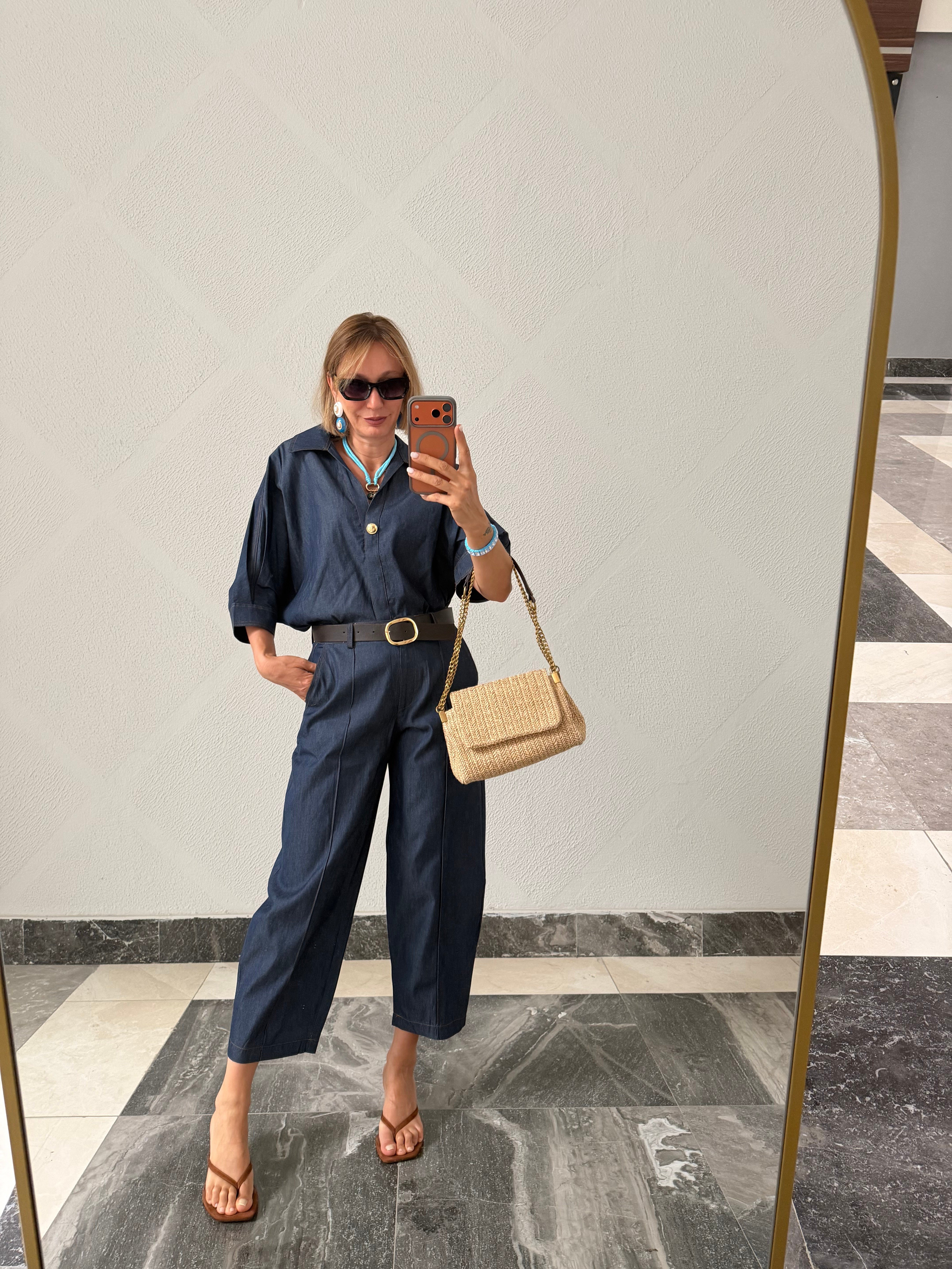 Reşit Denim Görünümlü Kemerli Takım