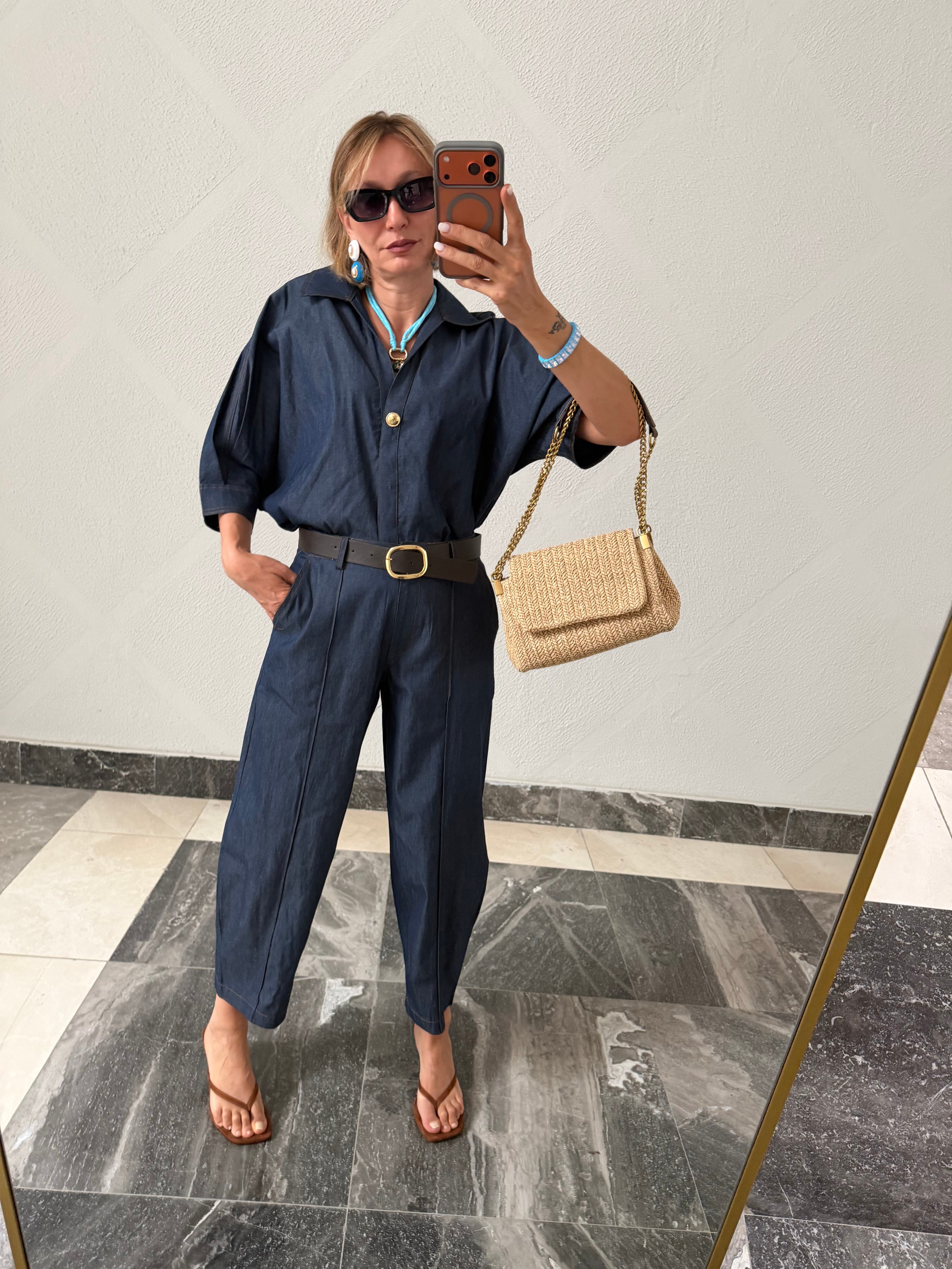 Reşit Denim Görünümlü Kemerli Takım