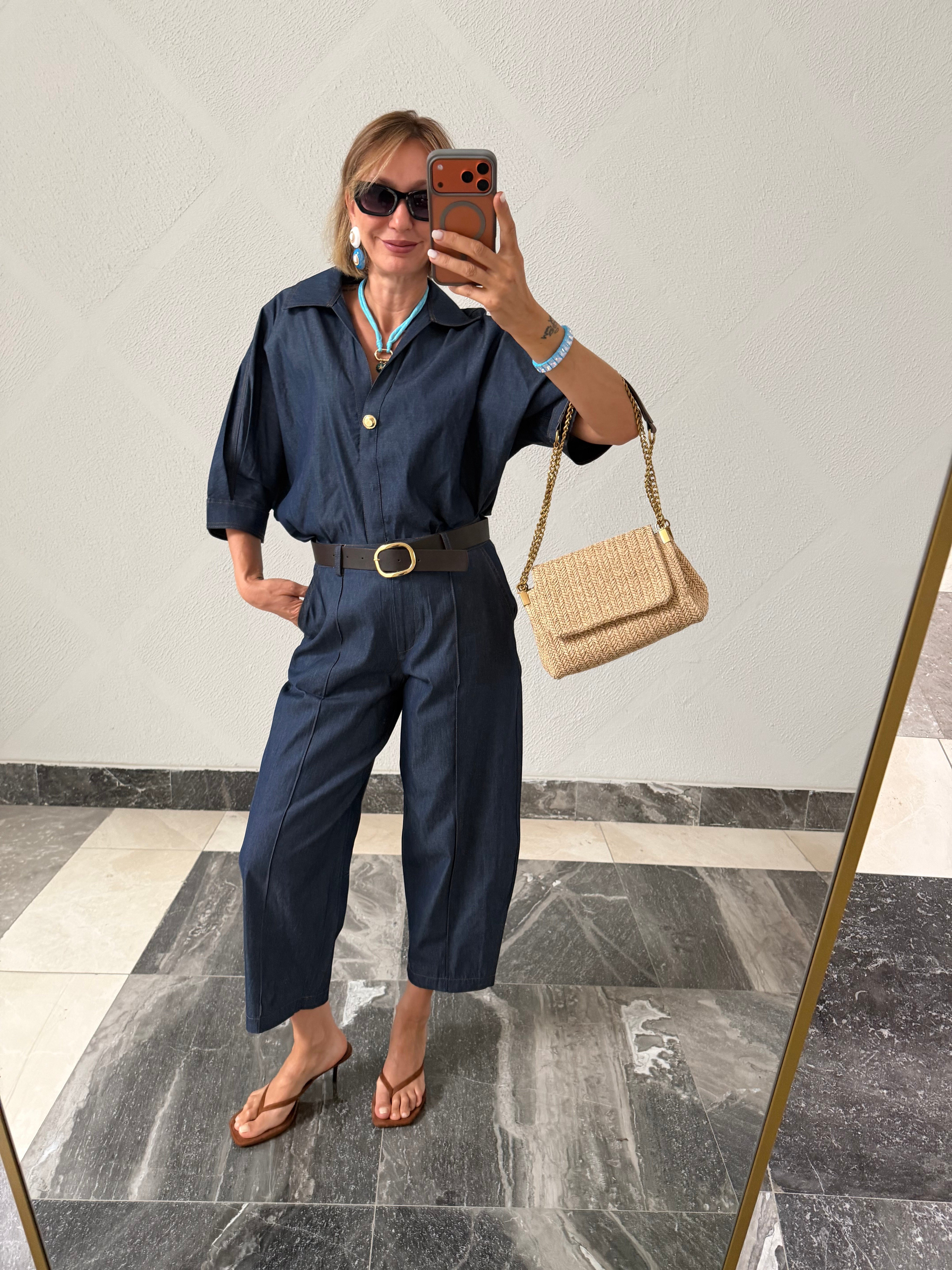 Reşit Denim Görünümlü Kemerli Takım
