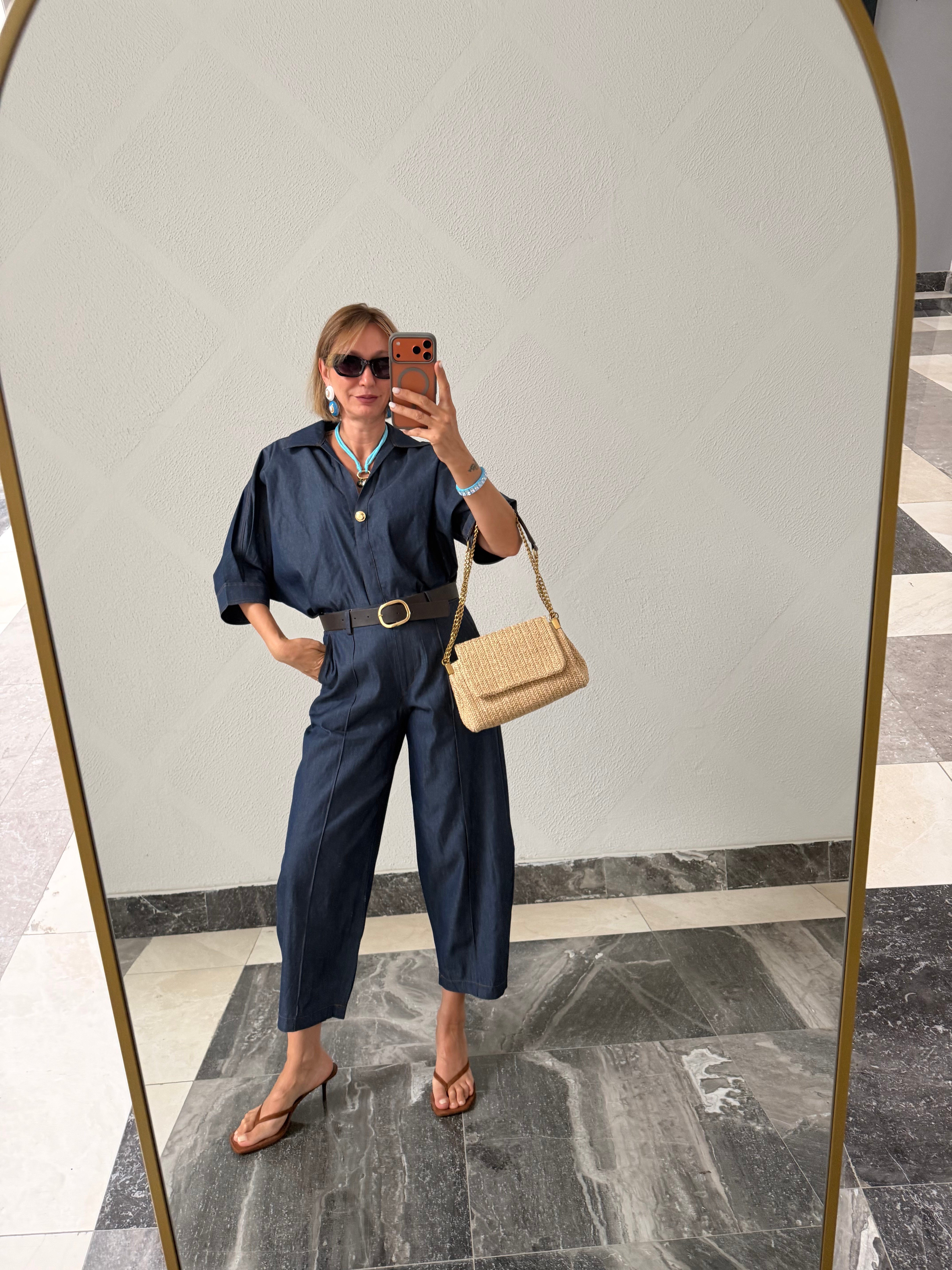 Reşit Denim Görünümlü Kemerli Takım