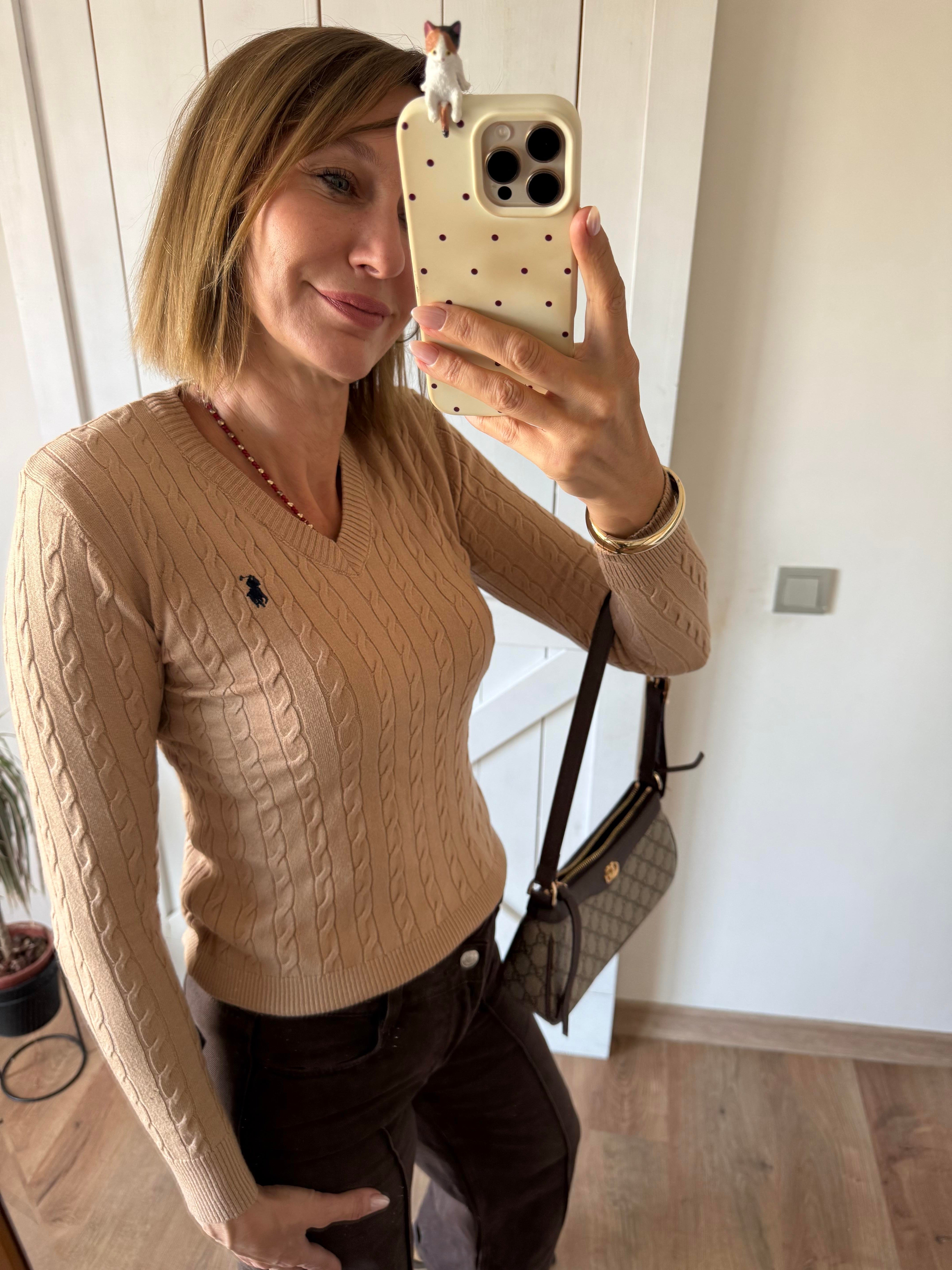 Saç Örgü V Yaka Premium Latte Triko