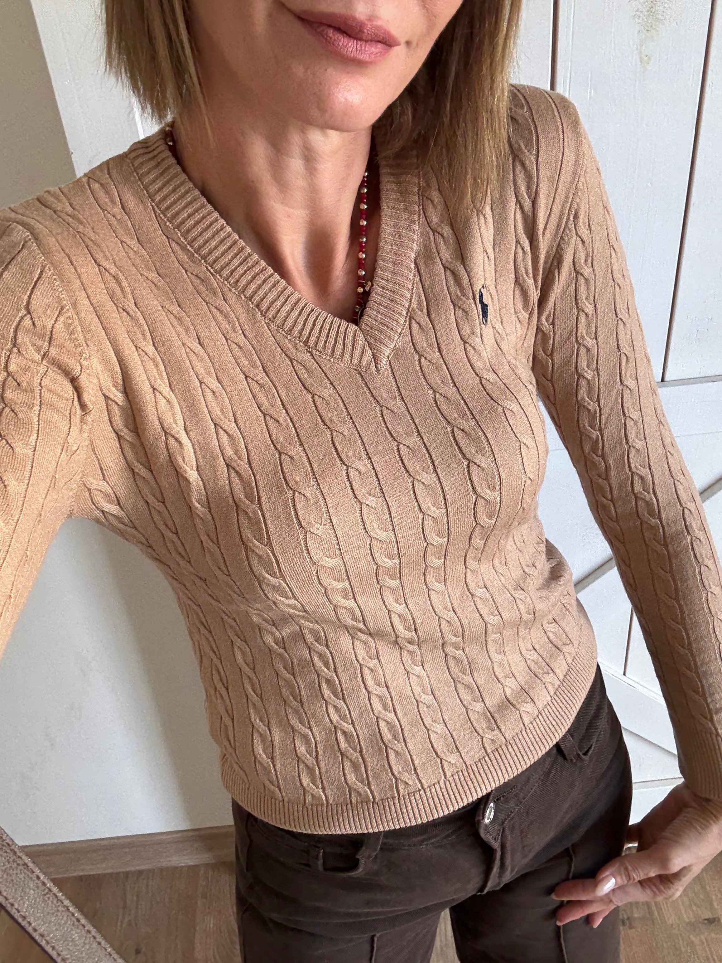 Saç Örgü V Yaka Premium Latte Triko