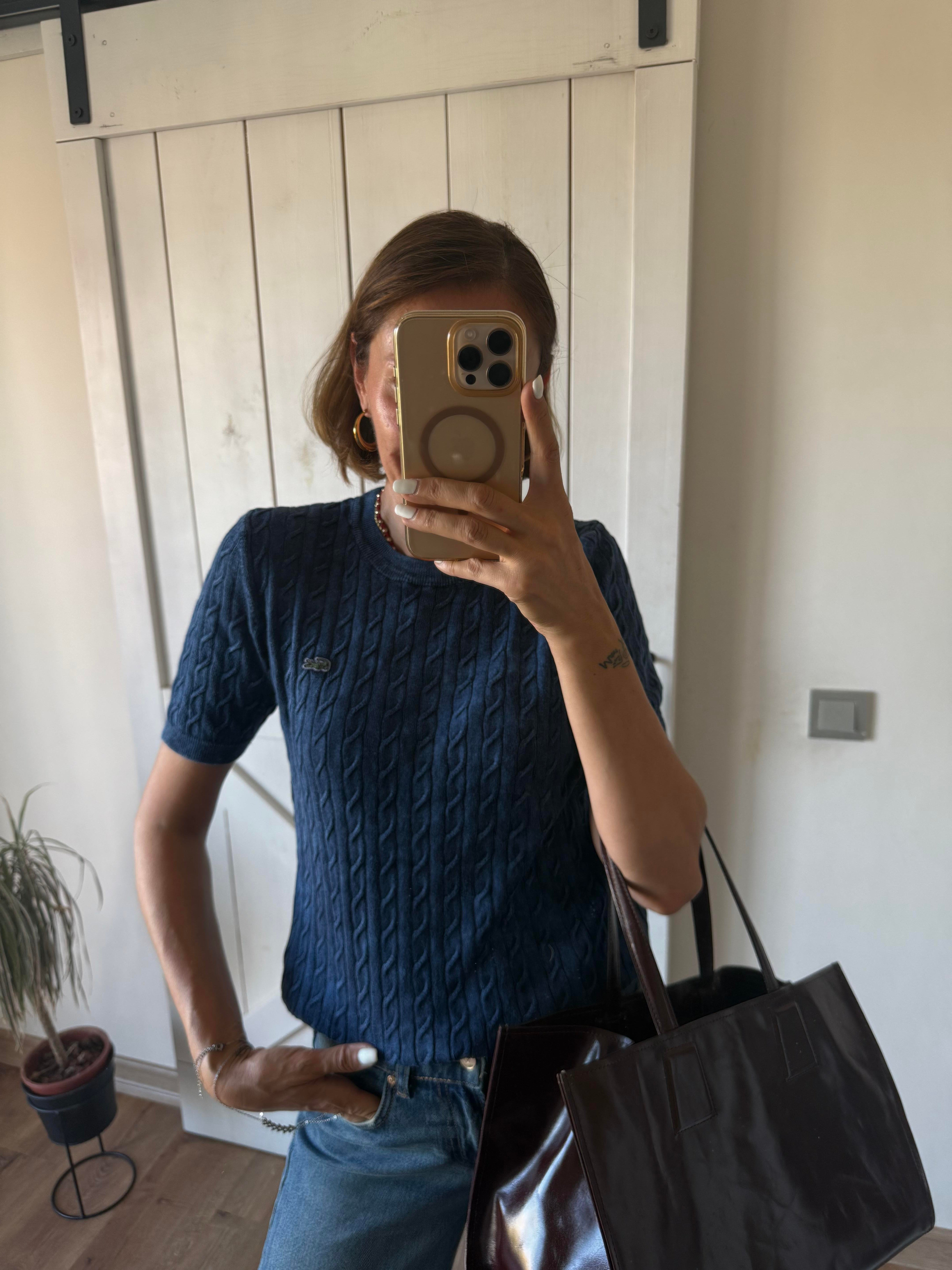 Saç Örgülü Lacivert Triko Bluz