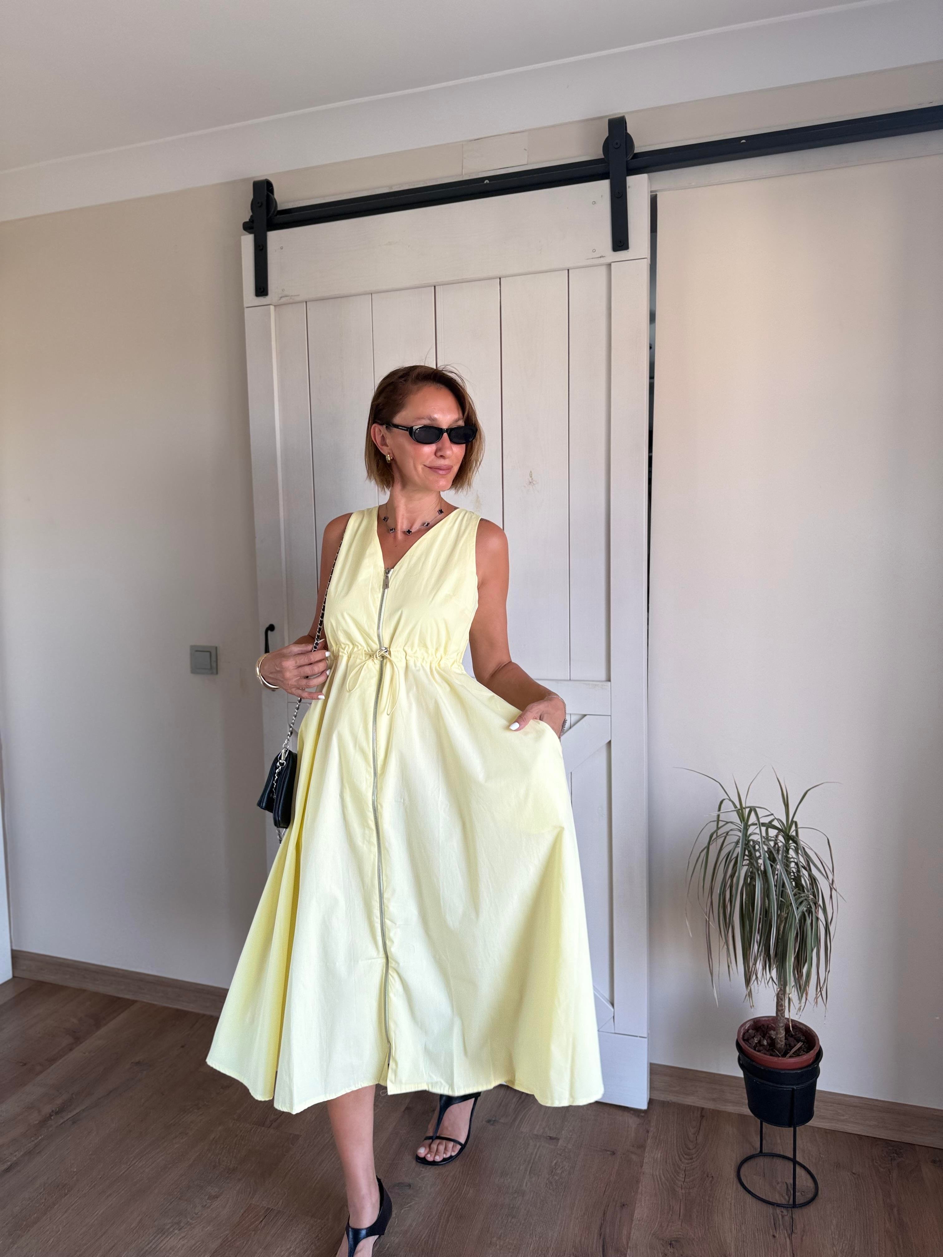 Sarı Fermuarlı Poplin Elbise