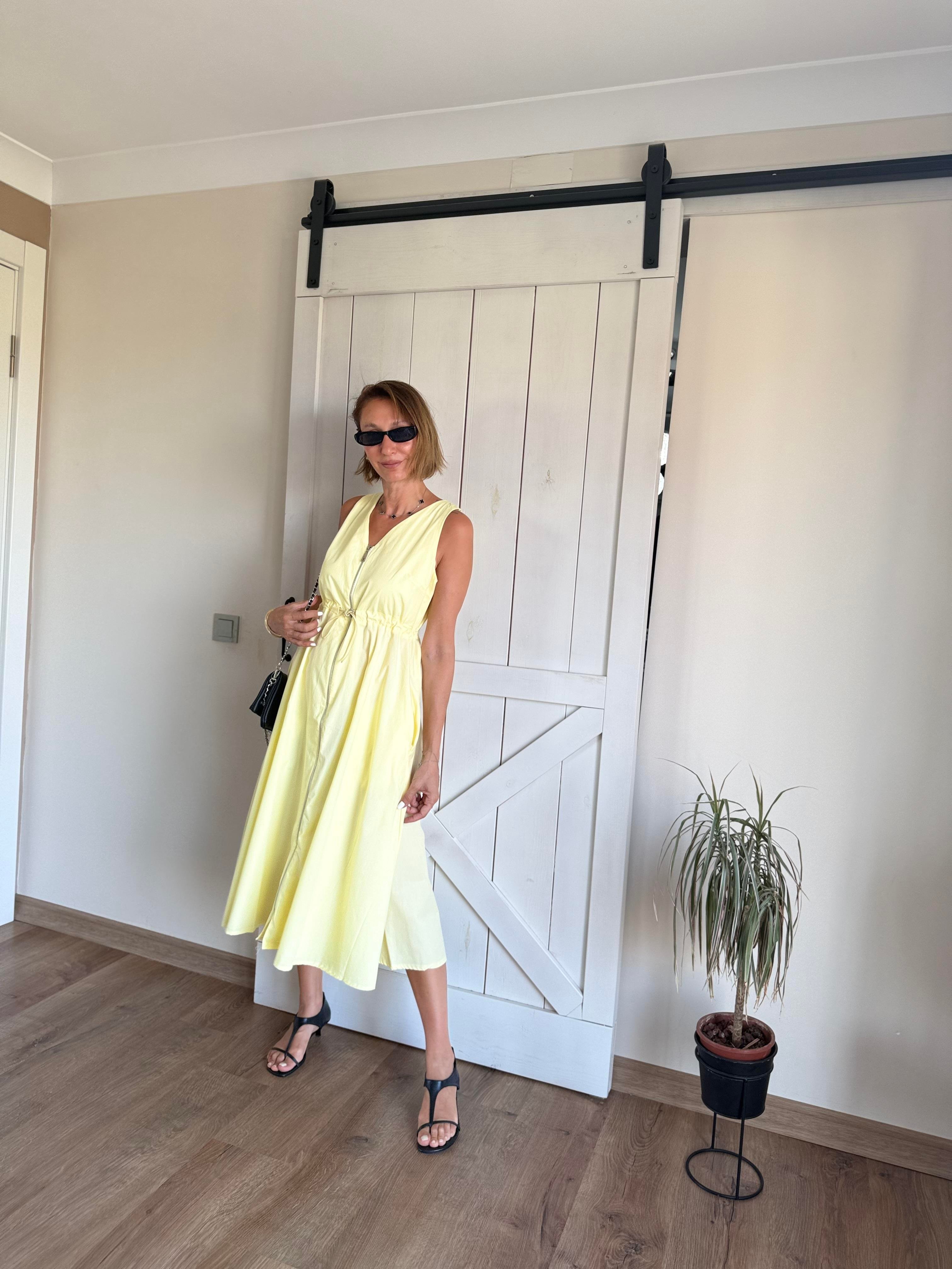 Sarı Fermuarlı Poplin Elbise