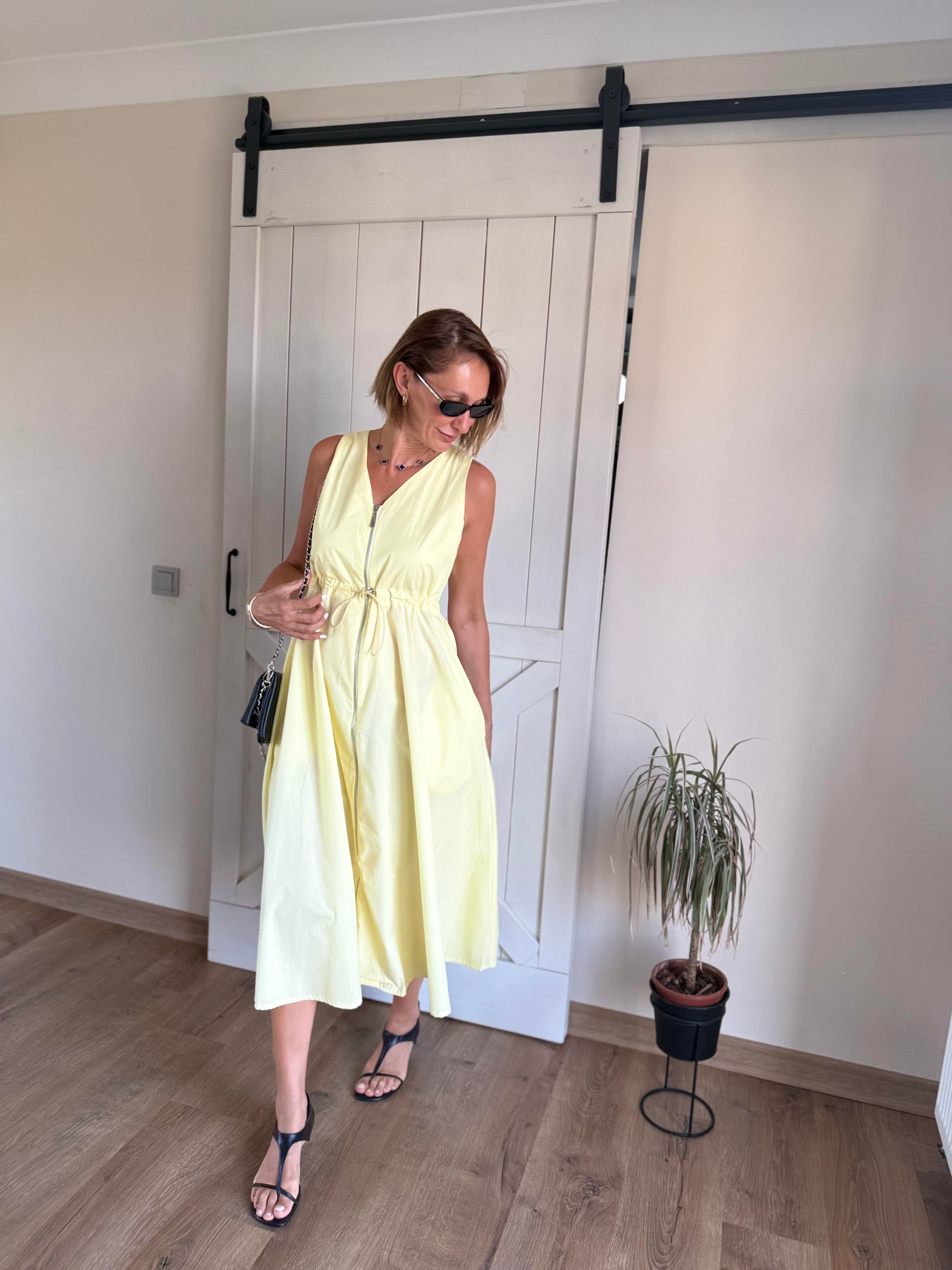 Sarı Fermuarlı Poplin Elbise